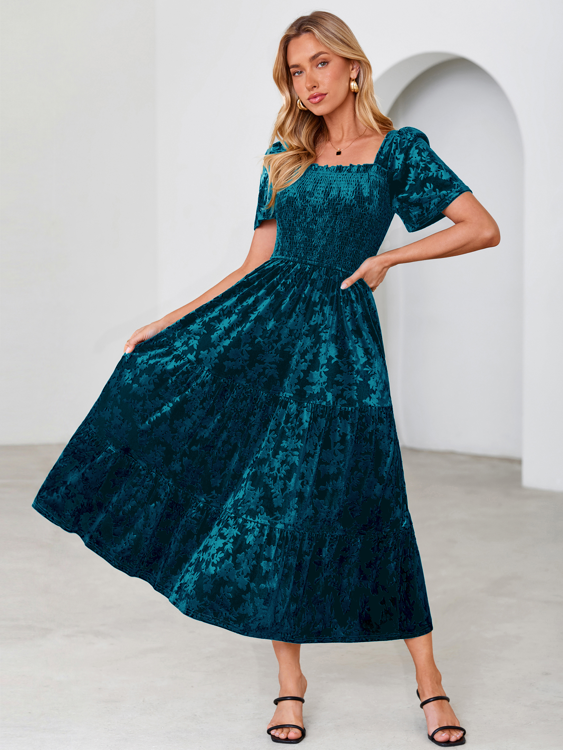 Square Neck Smocked Velvet Short Sleeve Maxi Dress