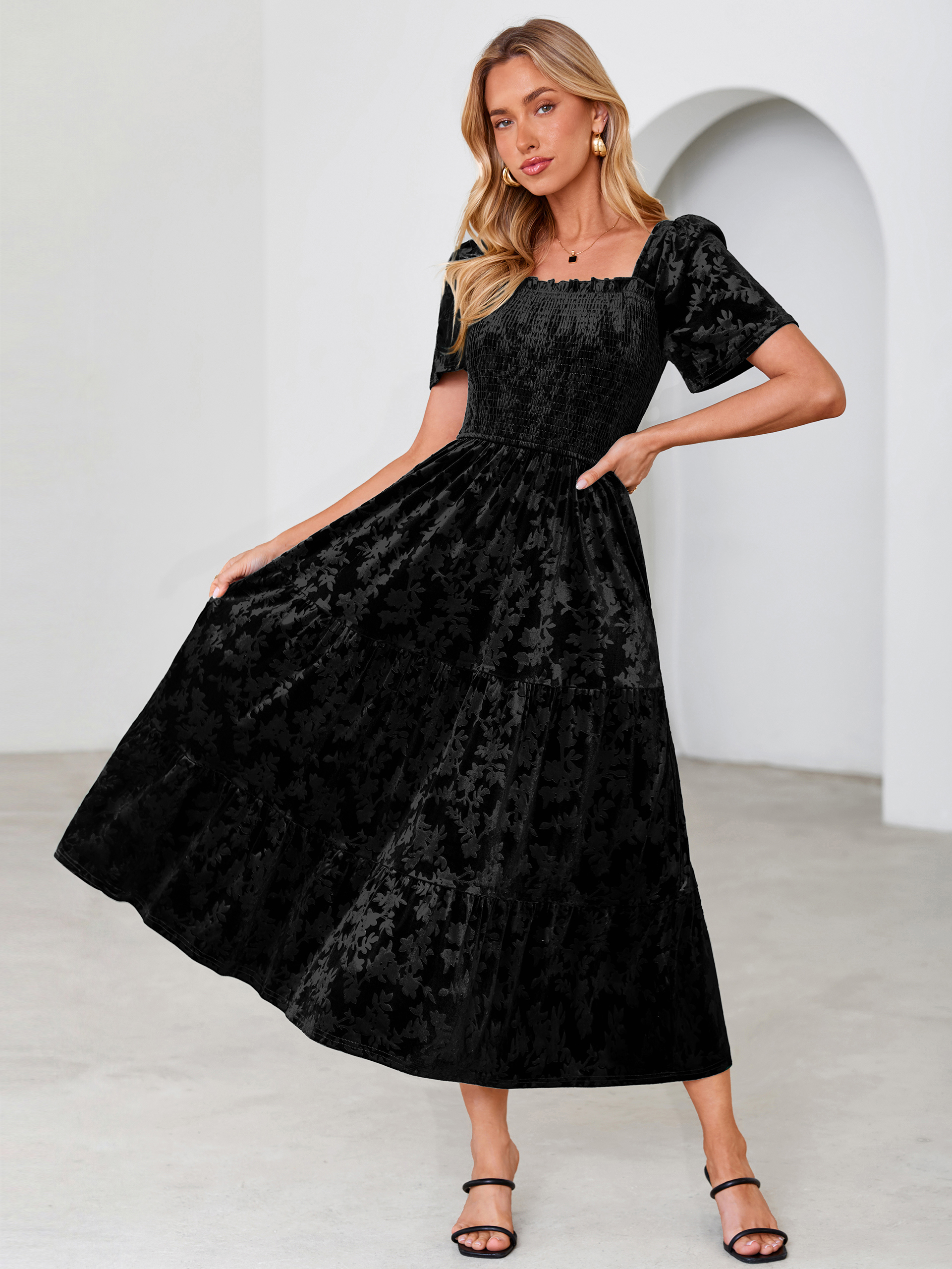 Square Neck Smocked Velvet Short Sleeve Maxi Dress