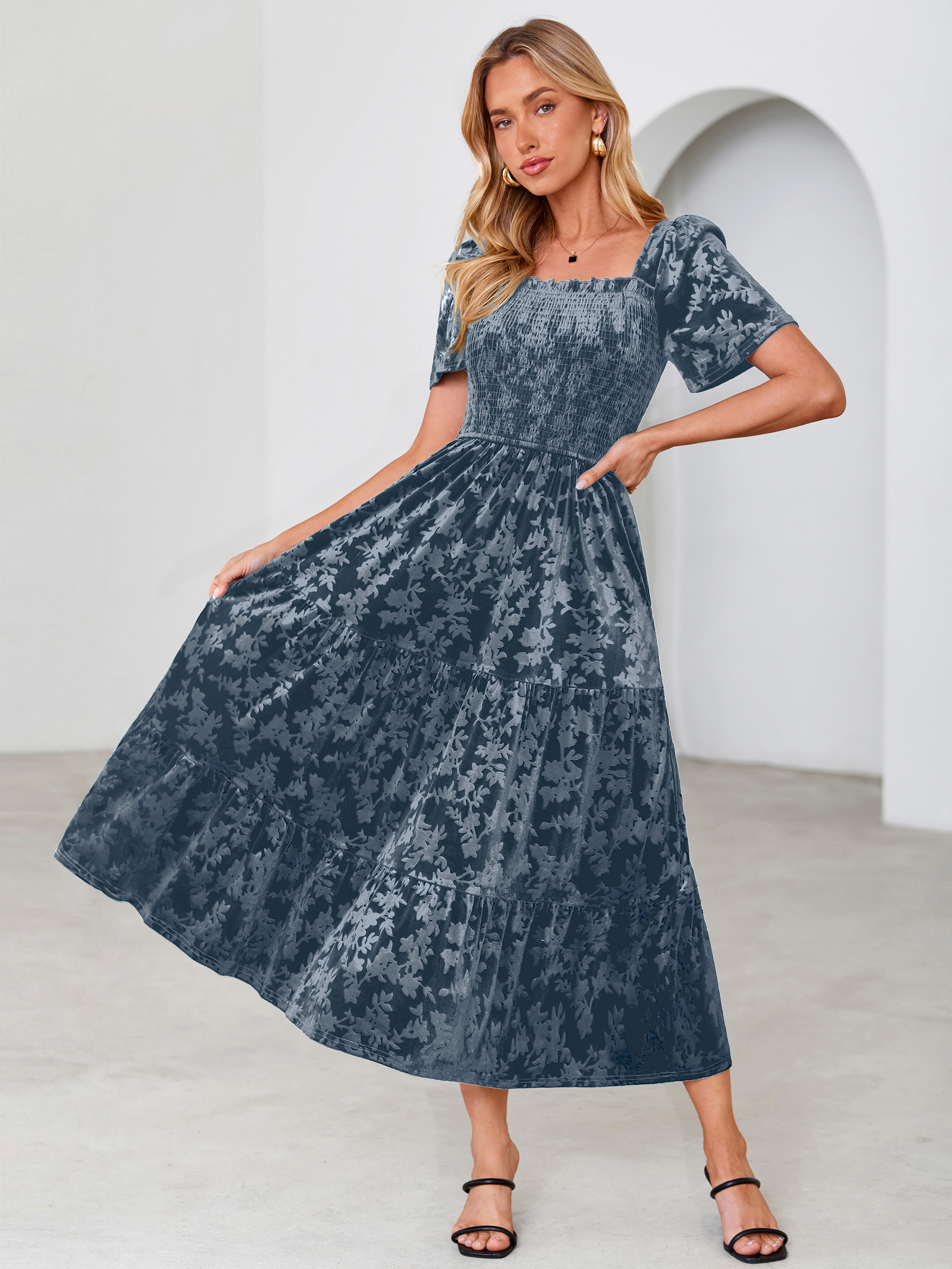 Square Neck Smocked Velvet Short Sleeve Maxi Dress