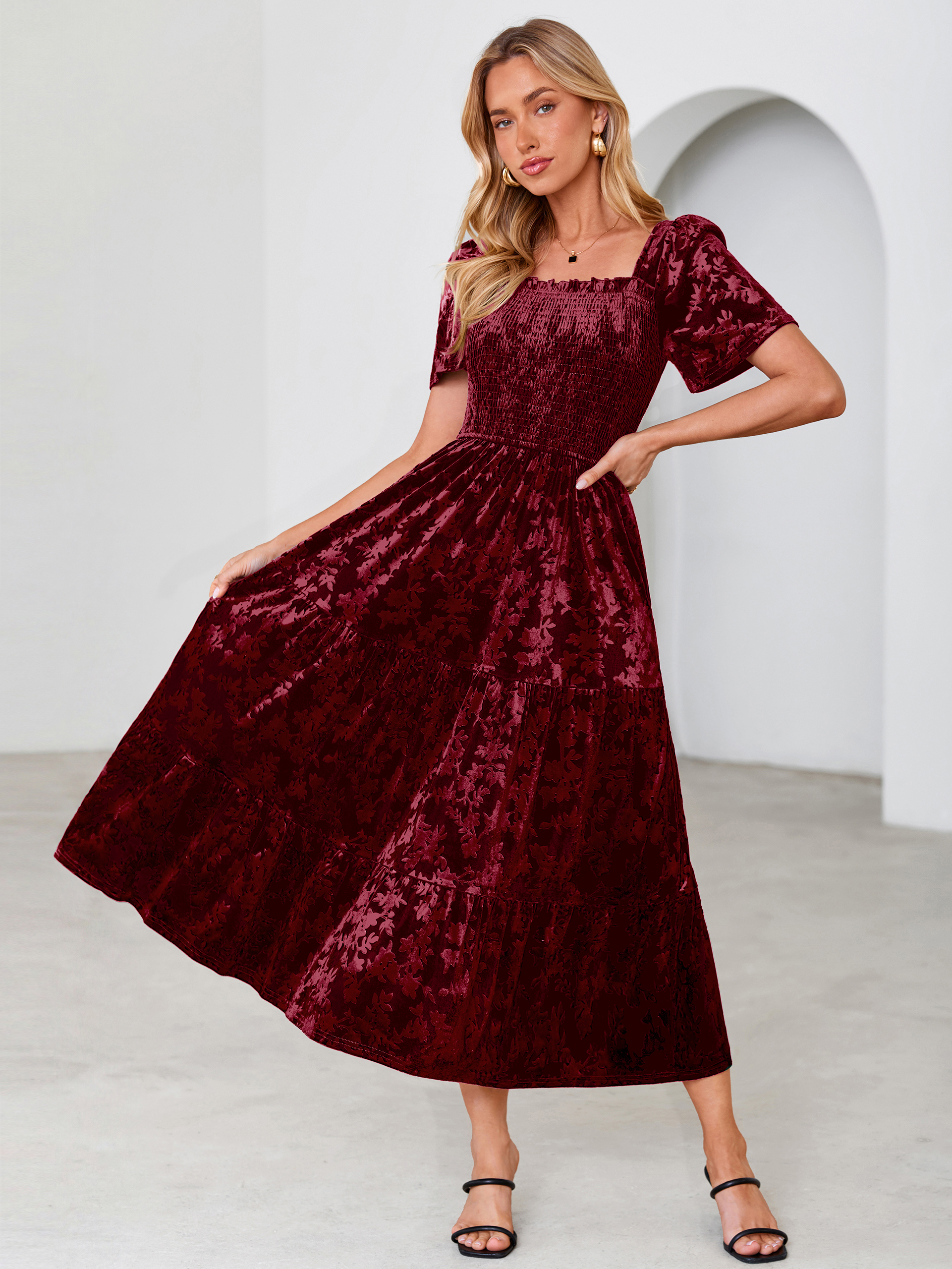 Square Neck Smocked Velvet Short Sleeve Maxi Dress