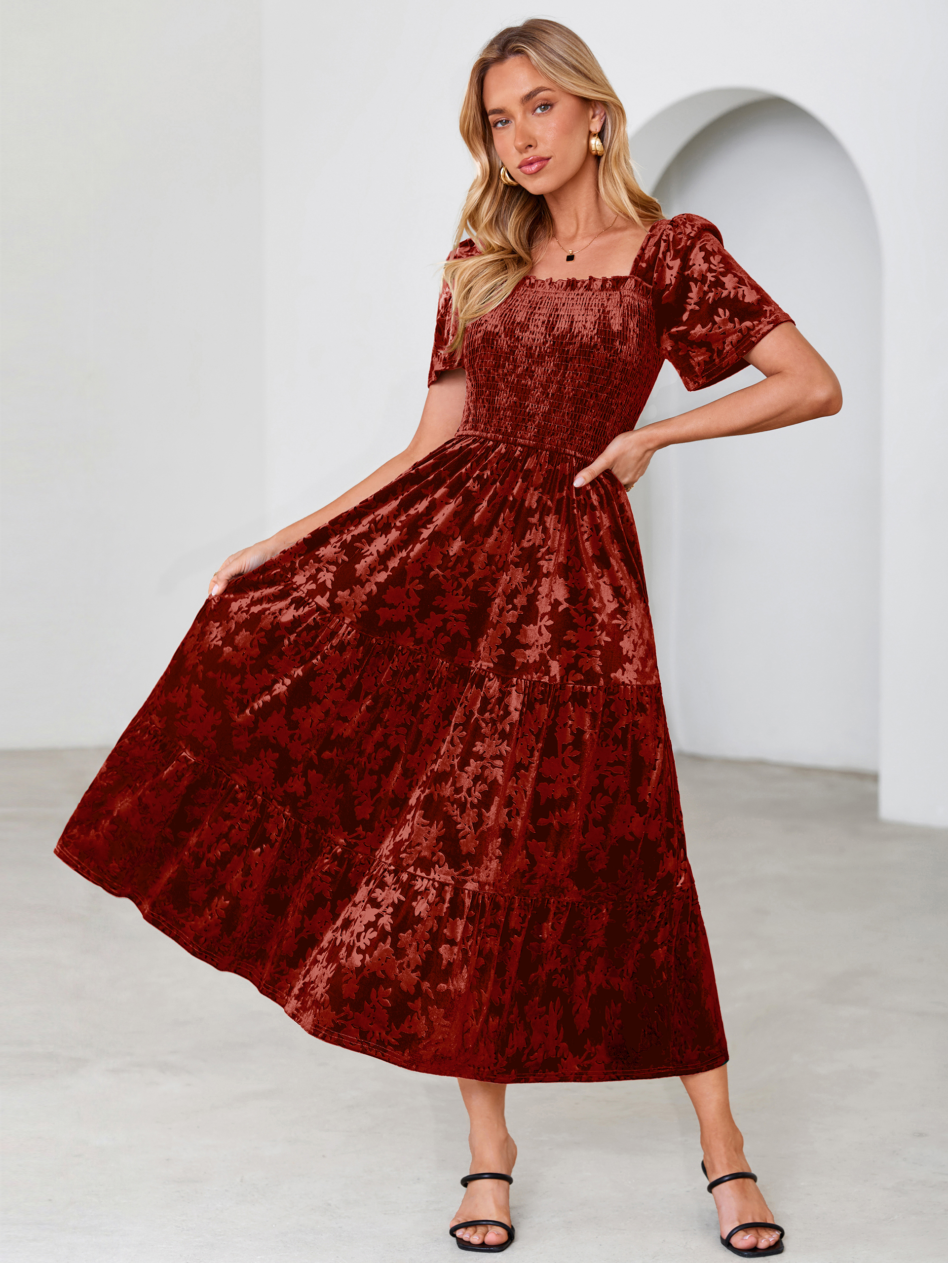 Square Neck Smocked Velvet Short Sleeve Maxi Dress