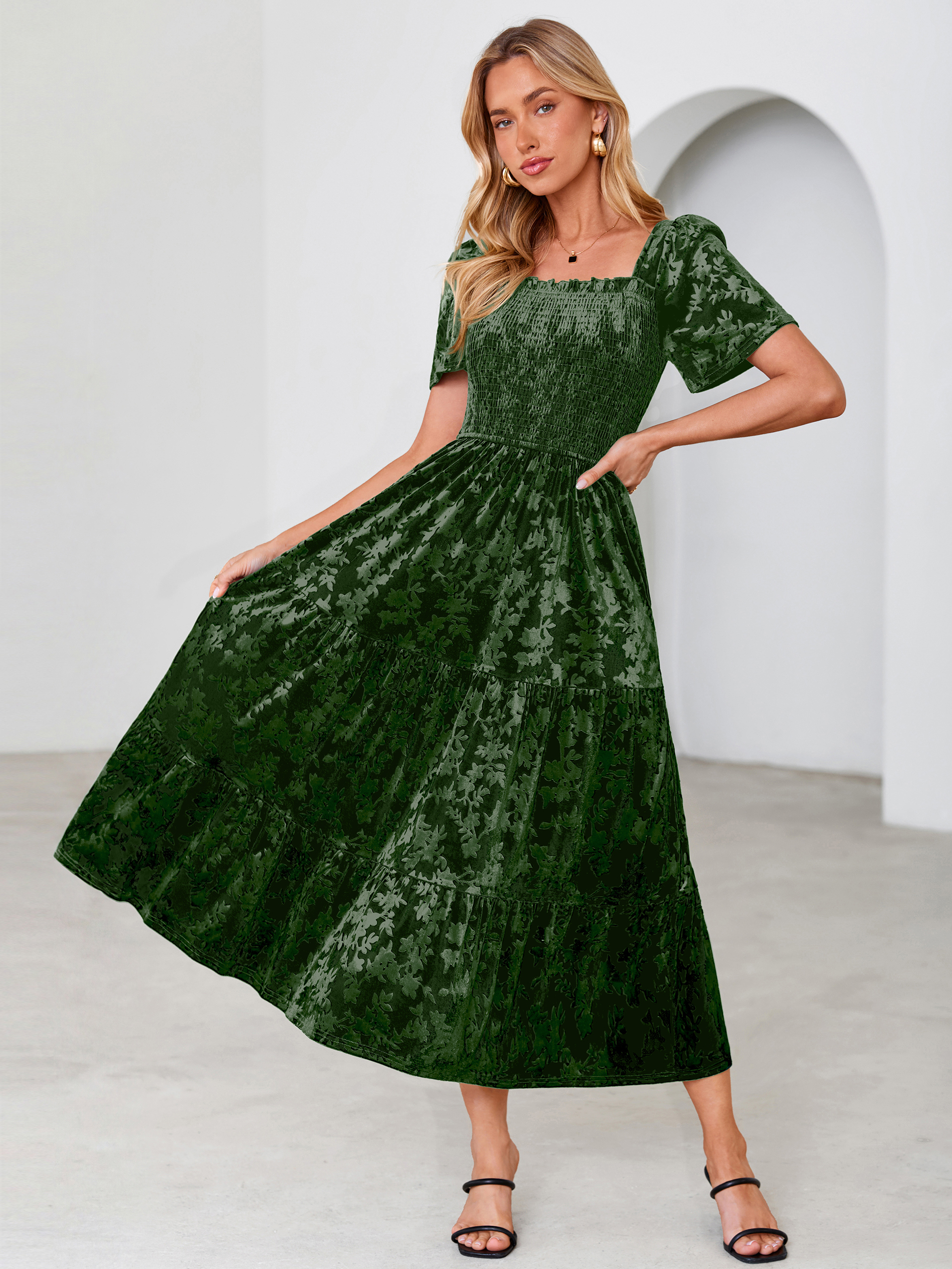 Square Neck Smocked Velvet Short Sleeve Maxi Dress