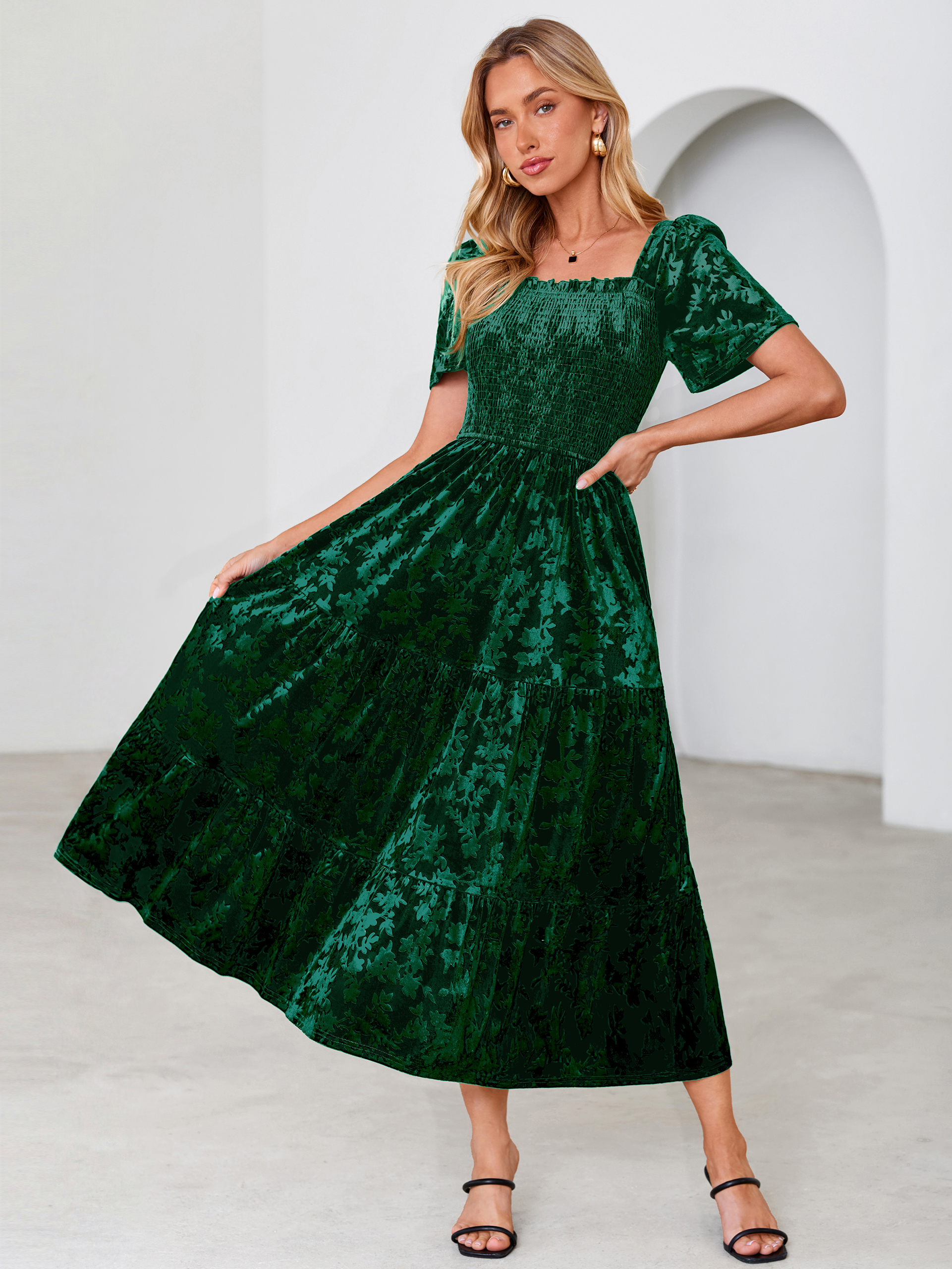Square Neck Smocked Velvet Short Sleeve Maxi Dress