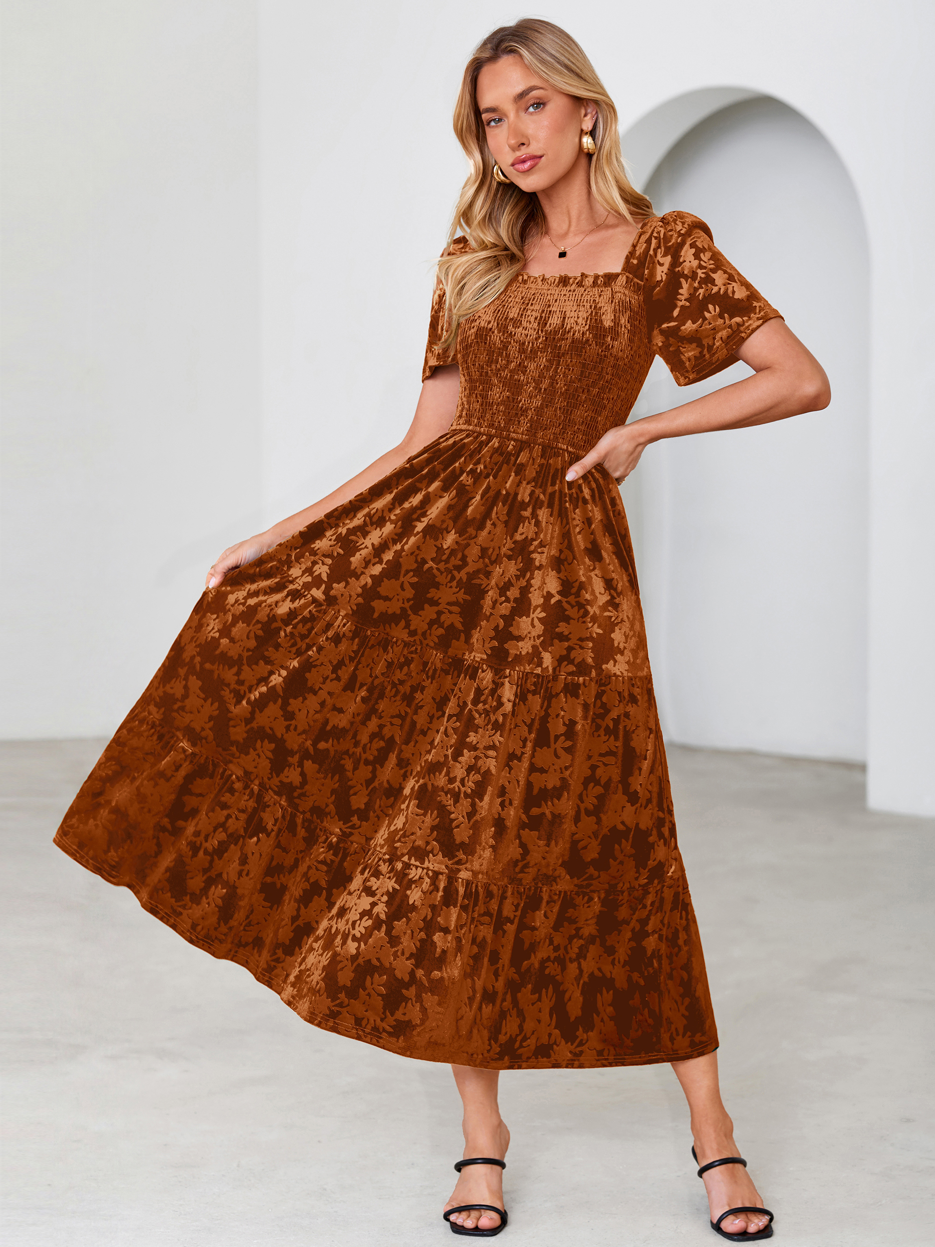 Square Neck Smocked Velvet Short Sleeve Maxi Dress
