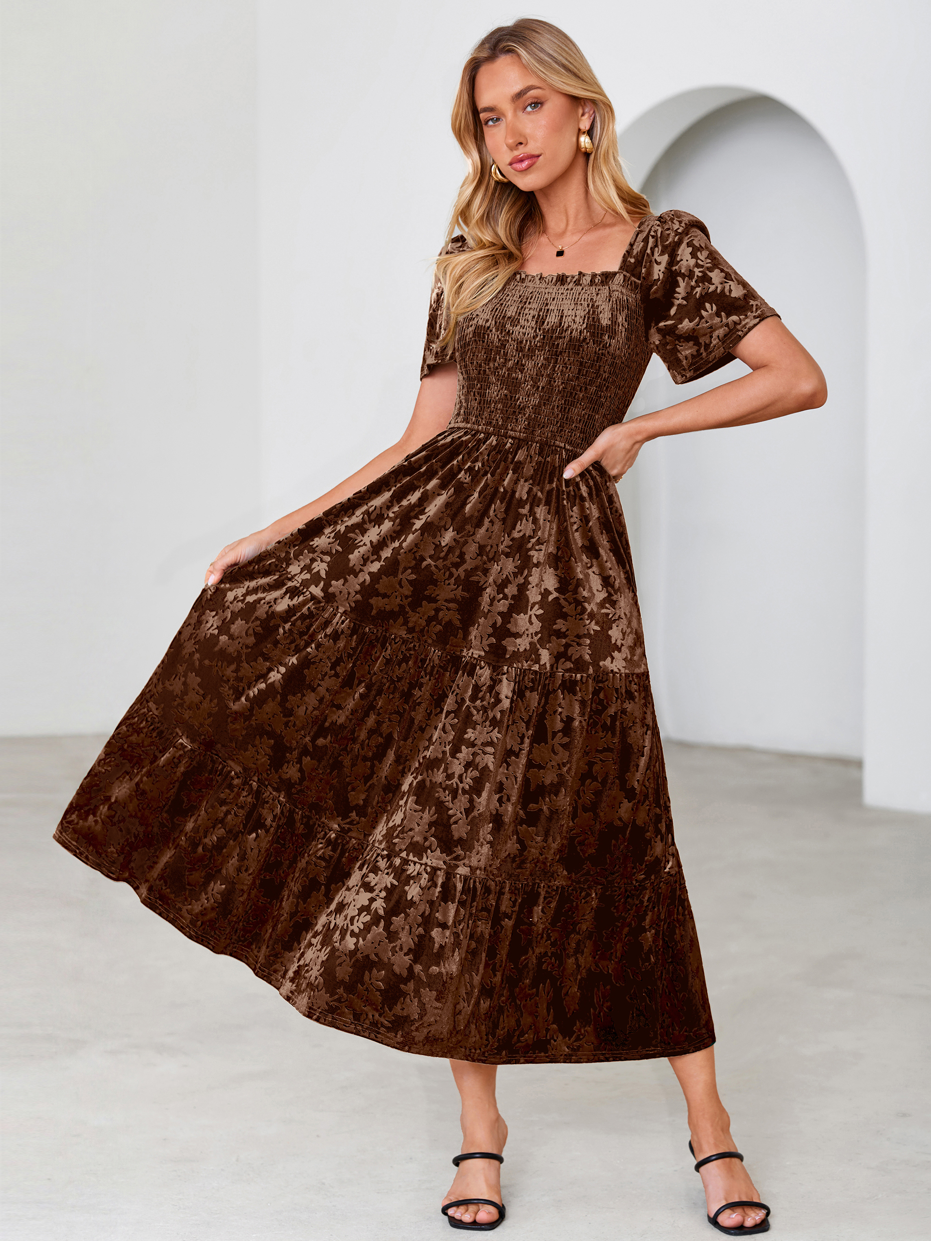 Square Neck Smocked Velvet Short Sleeve Maxi Dress