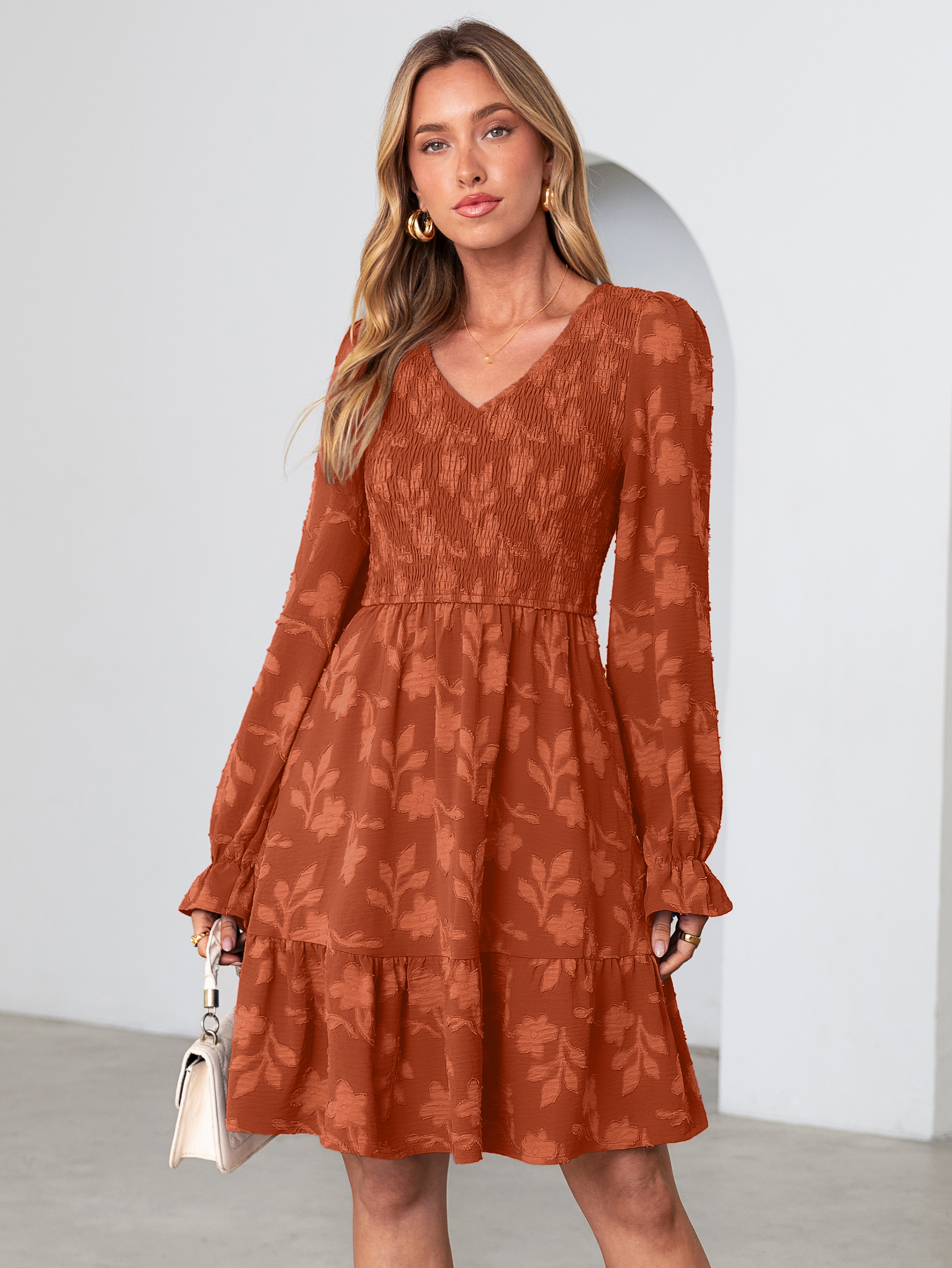 Floral Textured Smocked V Neck A Line Mini Dress