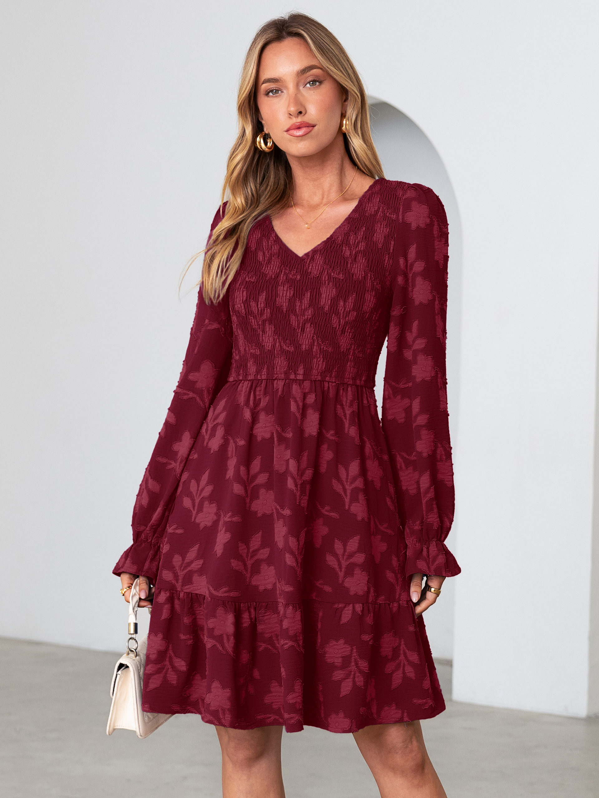 Floral Textured Smocked V Neck A Line Mini Dress