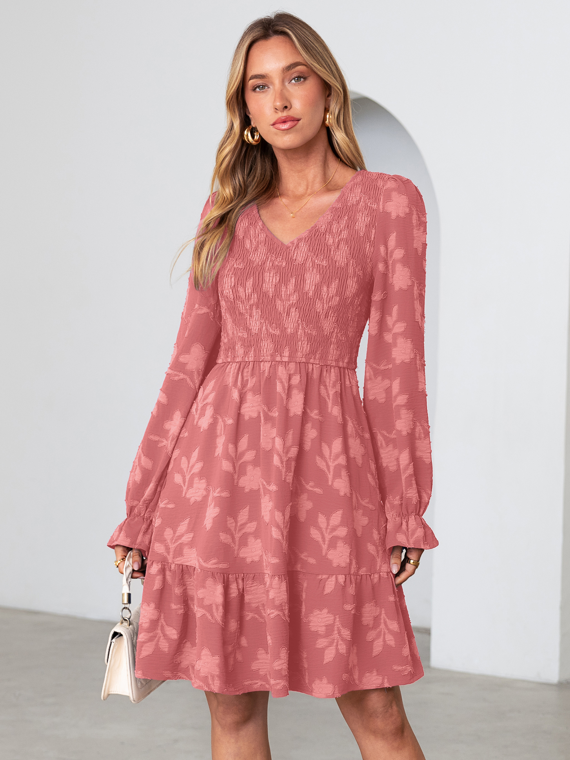 Floral Textured Smocked V Neck A Line Mini Dress