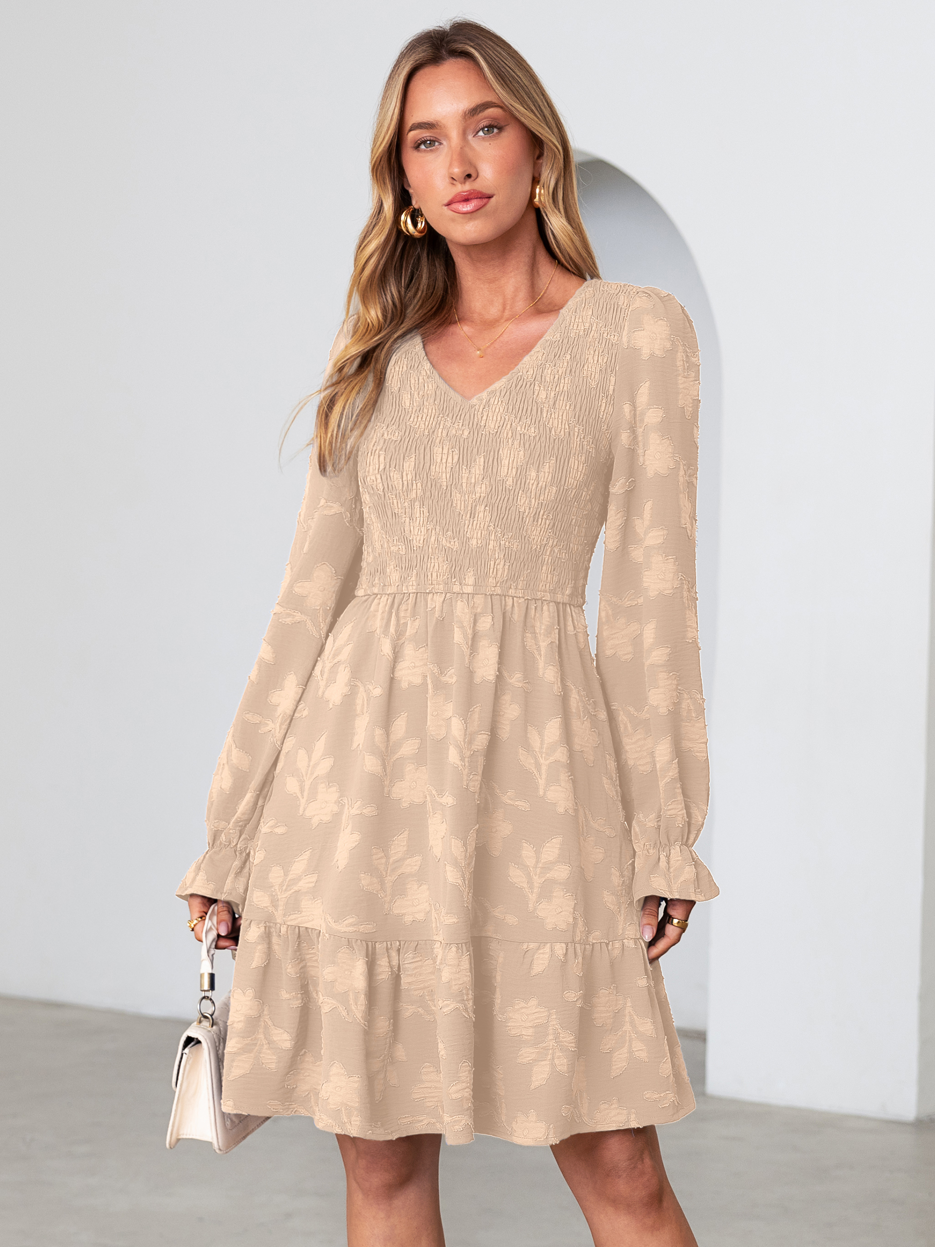 Floral Textured Smocked V Neck A Line Mini Dress