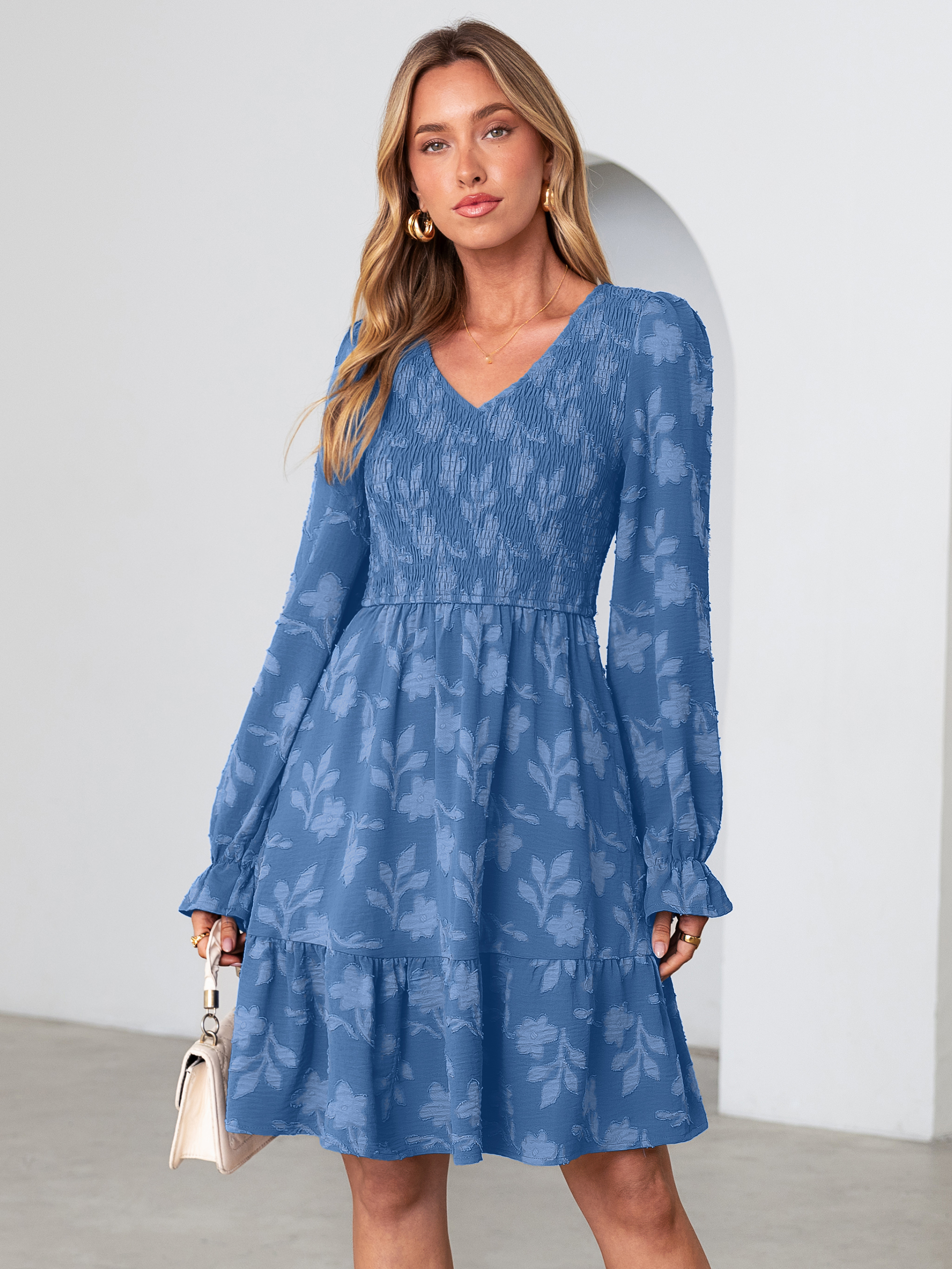 Floral Textured Smocked V Neck A Line Mini Dress