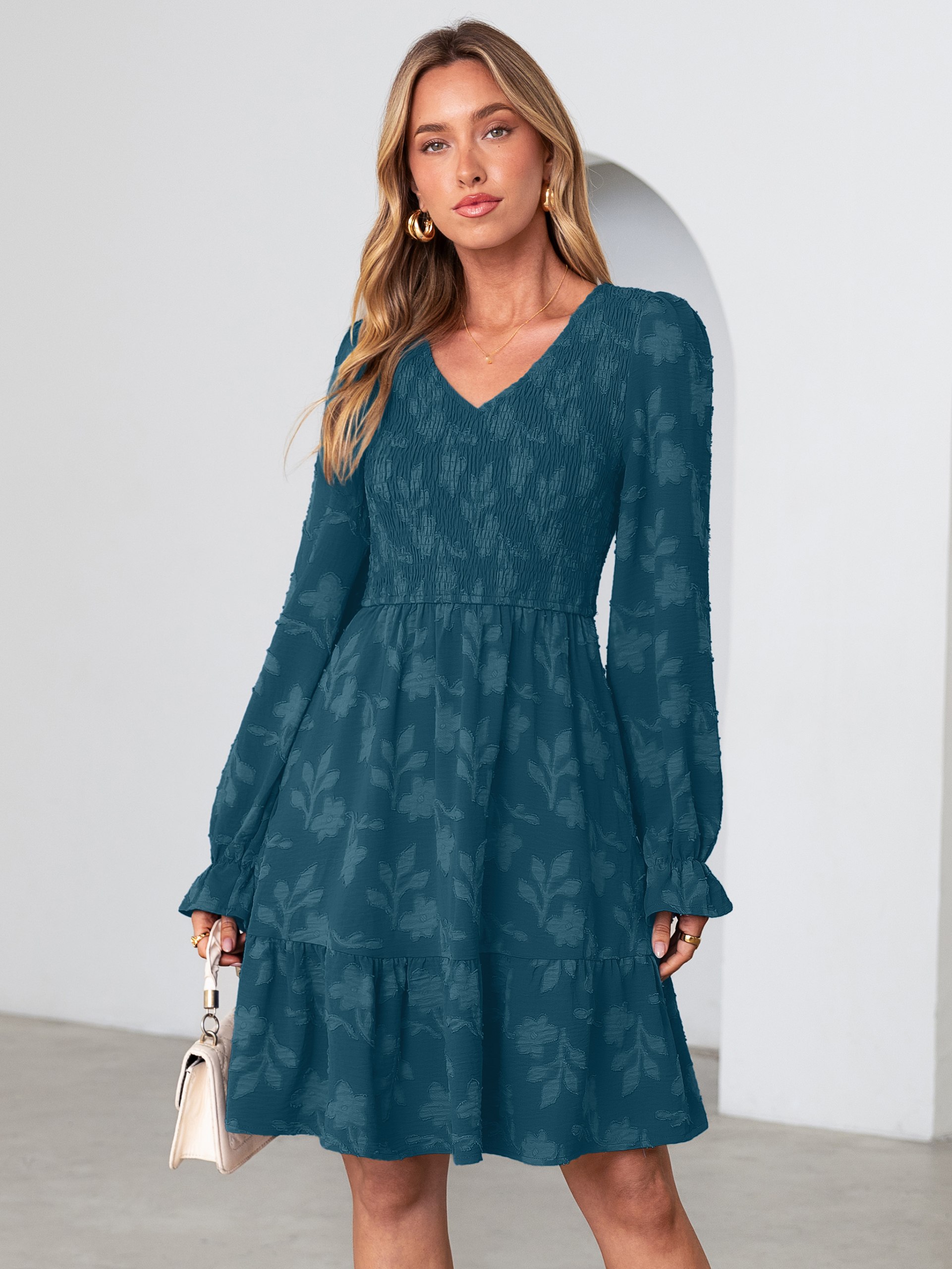 Floral Textured Smocked V Neck A Line Mini Dress