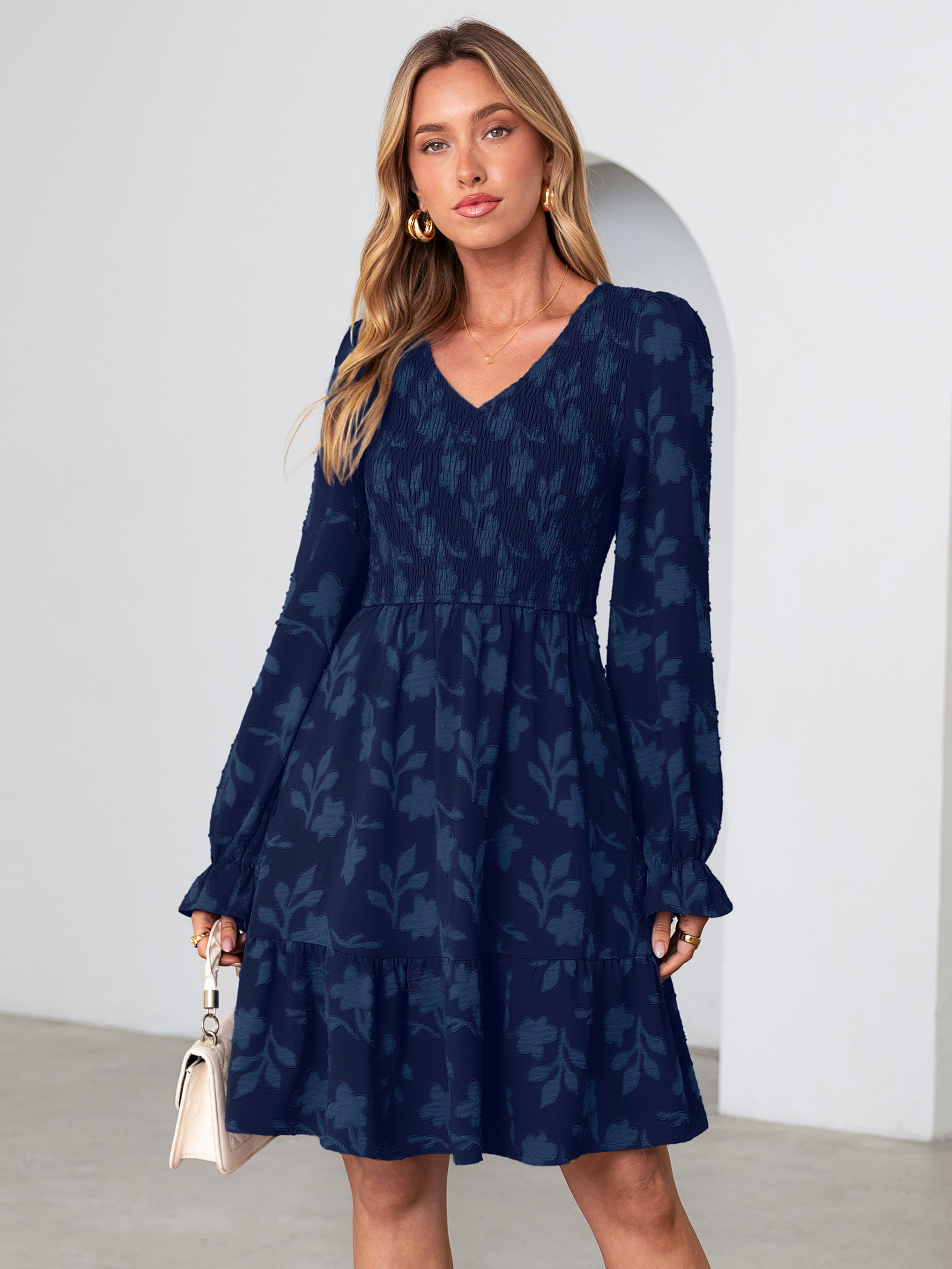 Floral Textured Smocked V Neck A Line Mini Dress