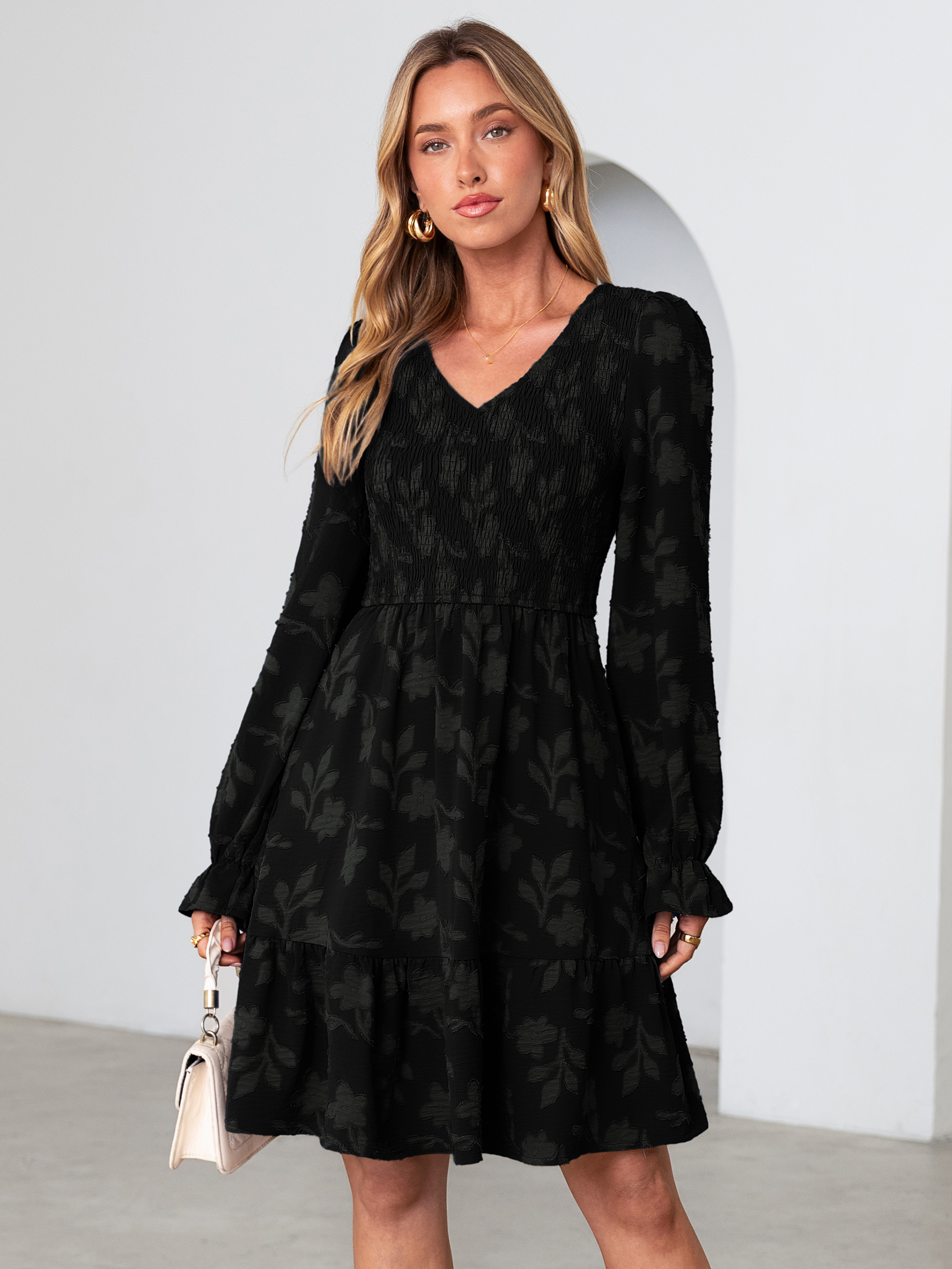 Floral Textured Smocked V Neck A Line Mini Dress
