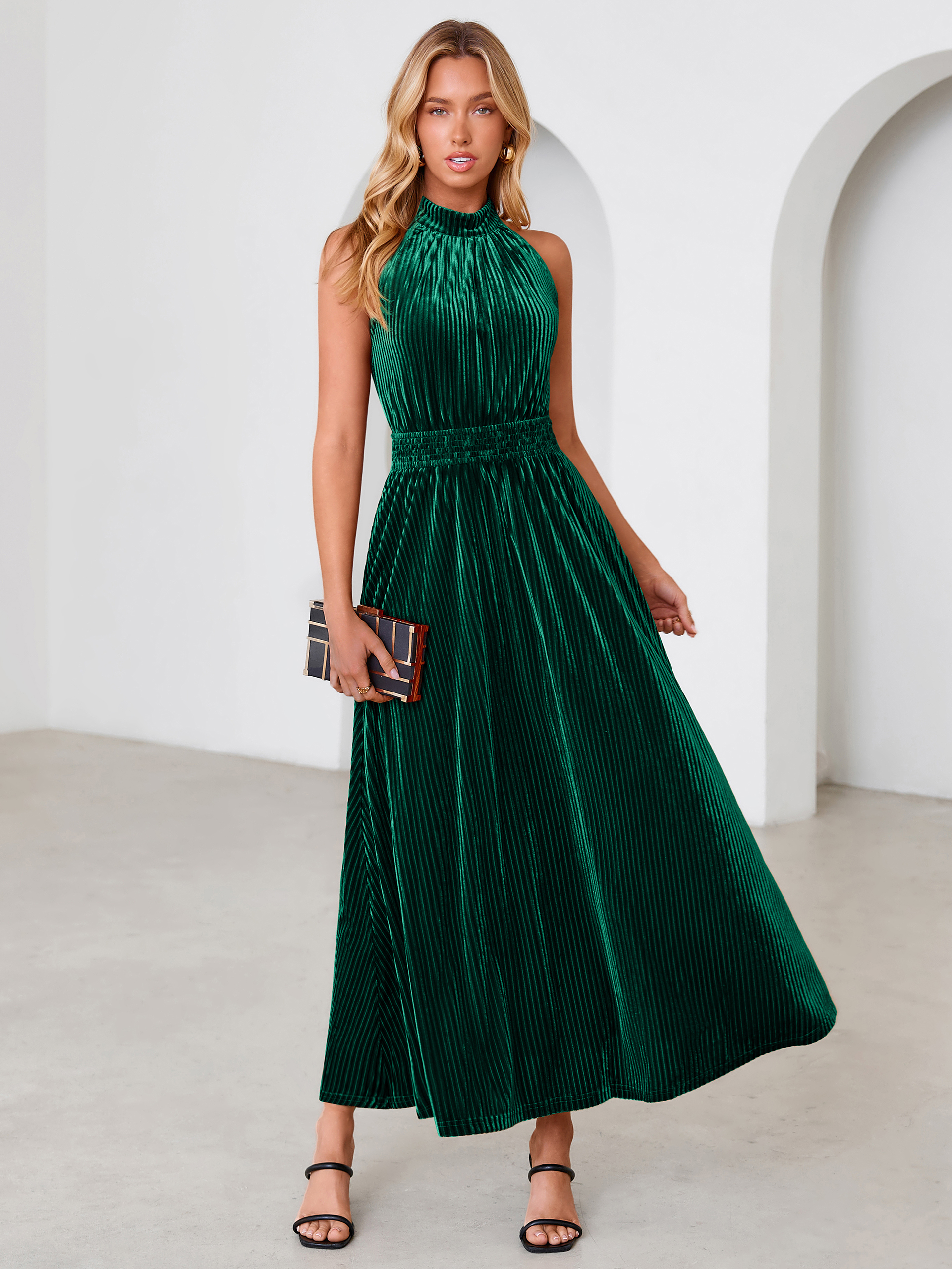 Ribbed Velvet Halter Smocked Maxi Dress