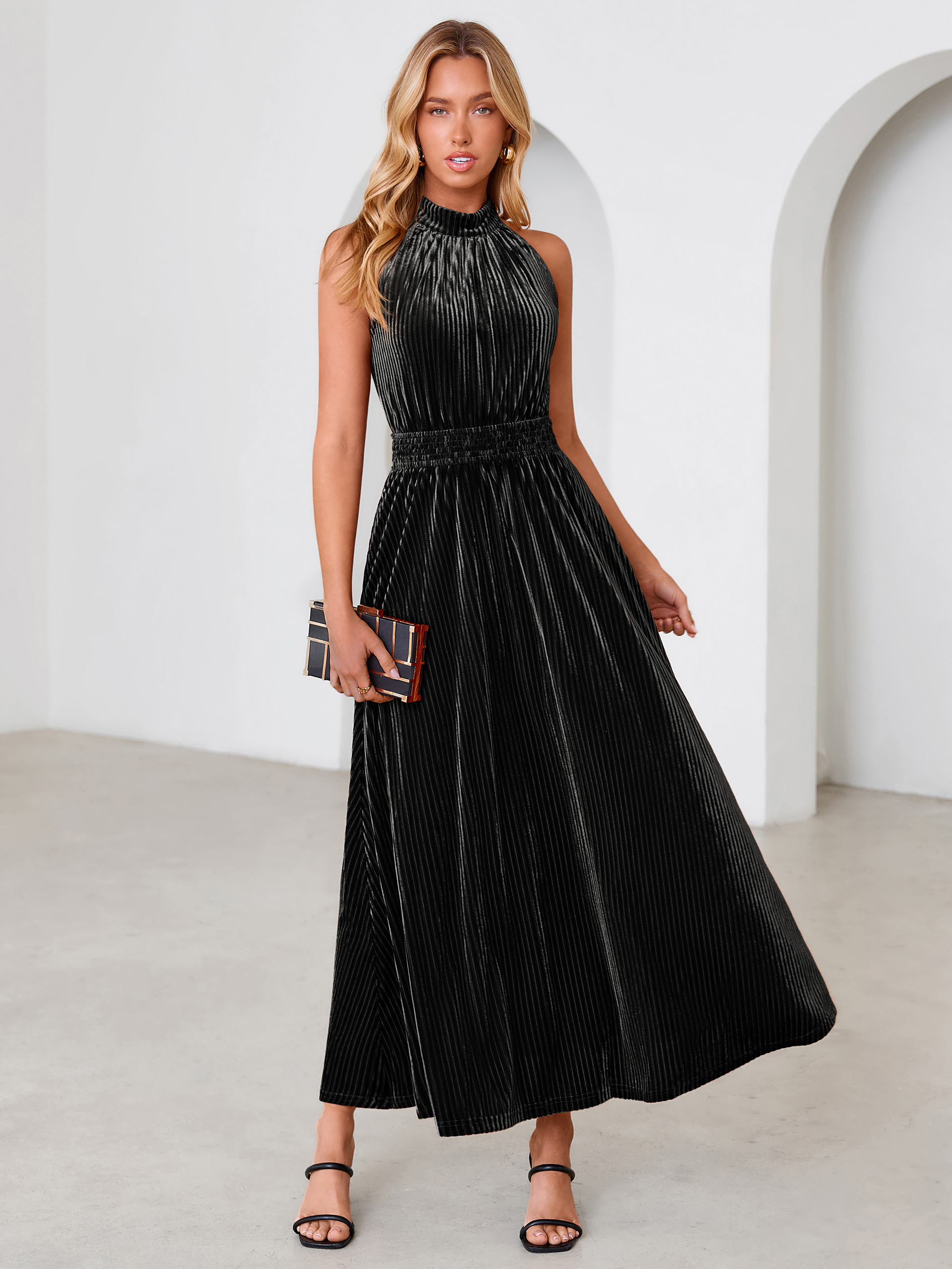 Ribbed Velvet Halter Smocked Maxi Dress