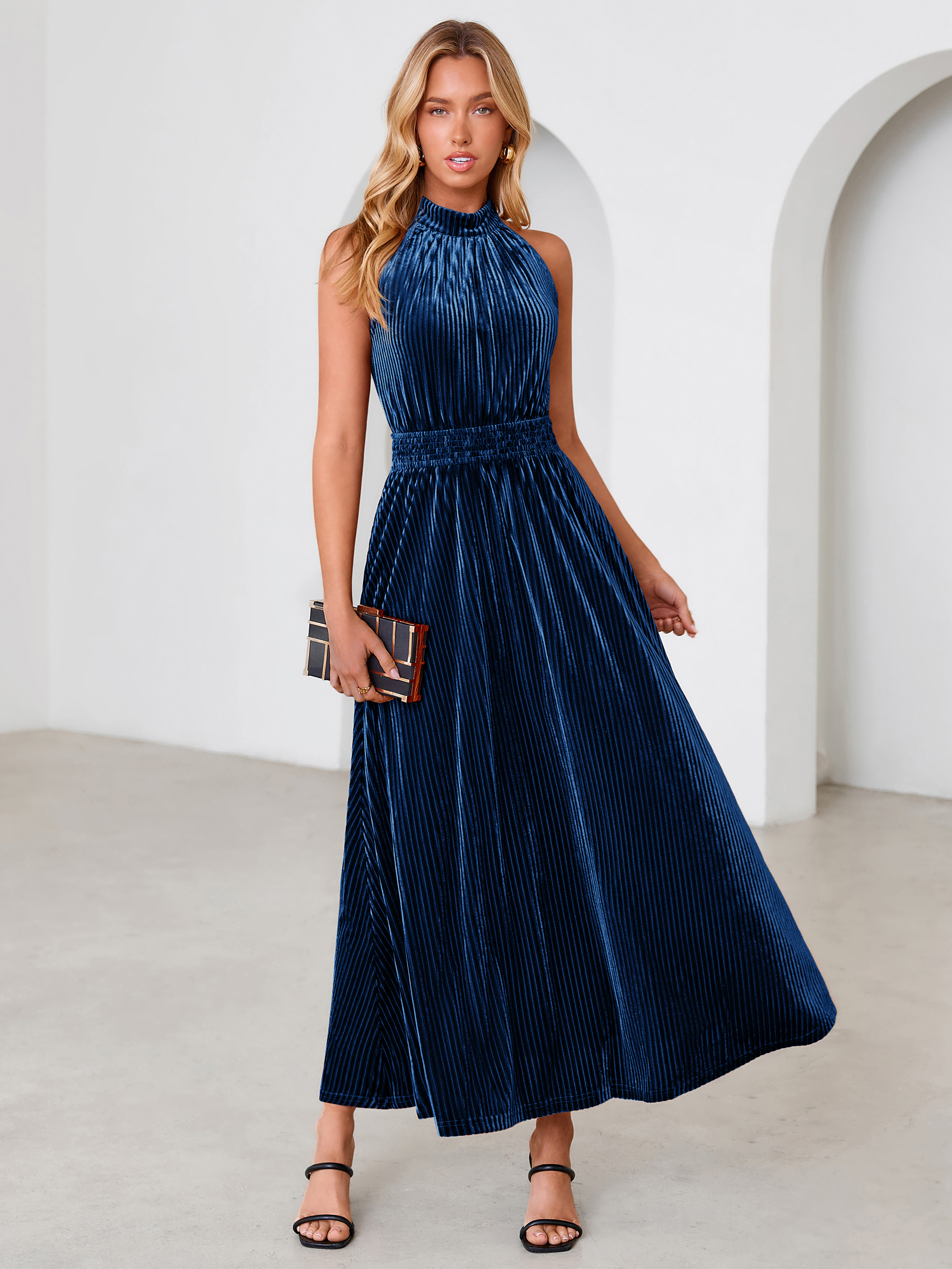 Ribbed Velvet Halter Smocked Maxi Dress