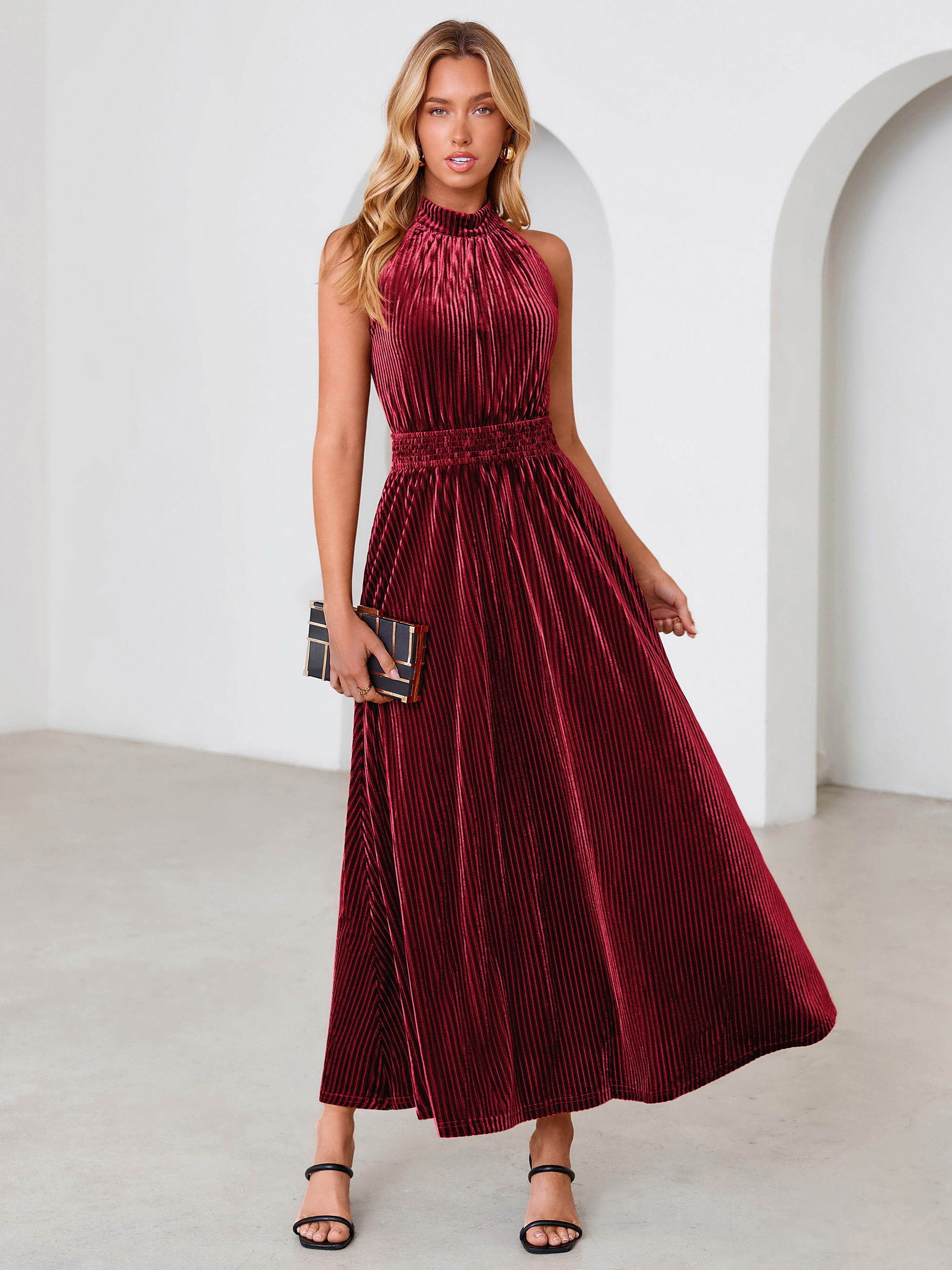 Ribbed Velvet Halter Smocked Maxi Dress