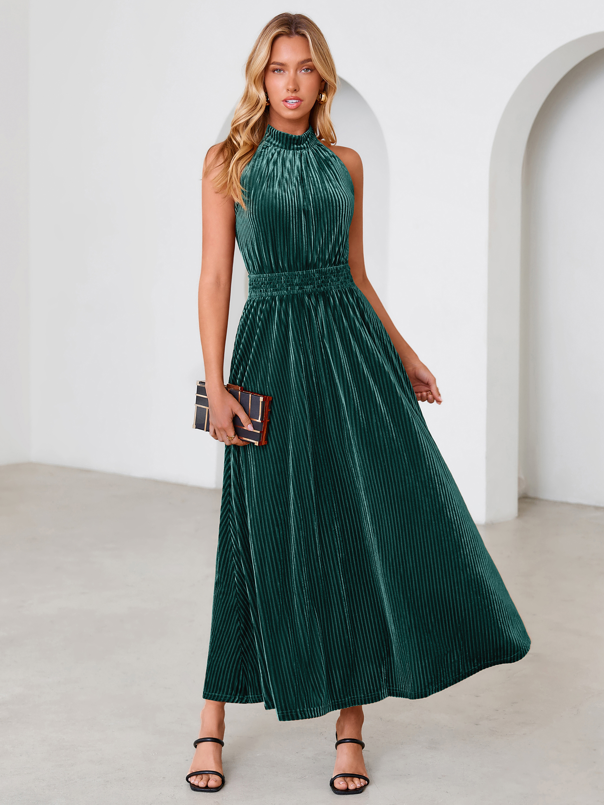 Ribbed Velvet Halter Smocked Maxi Dress