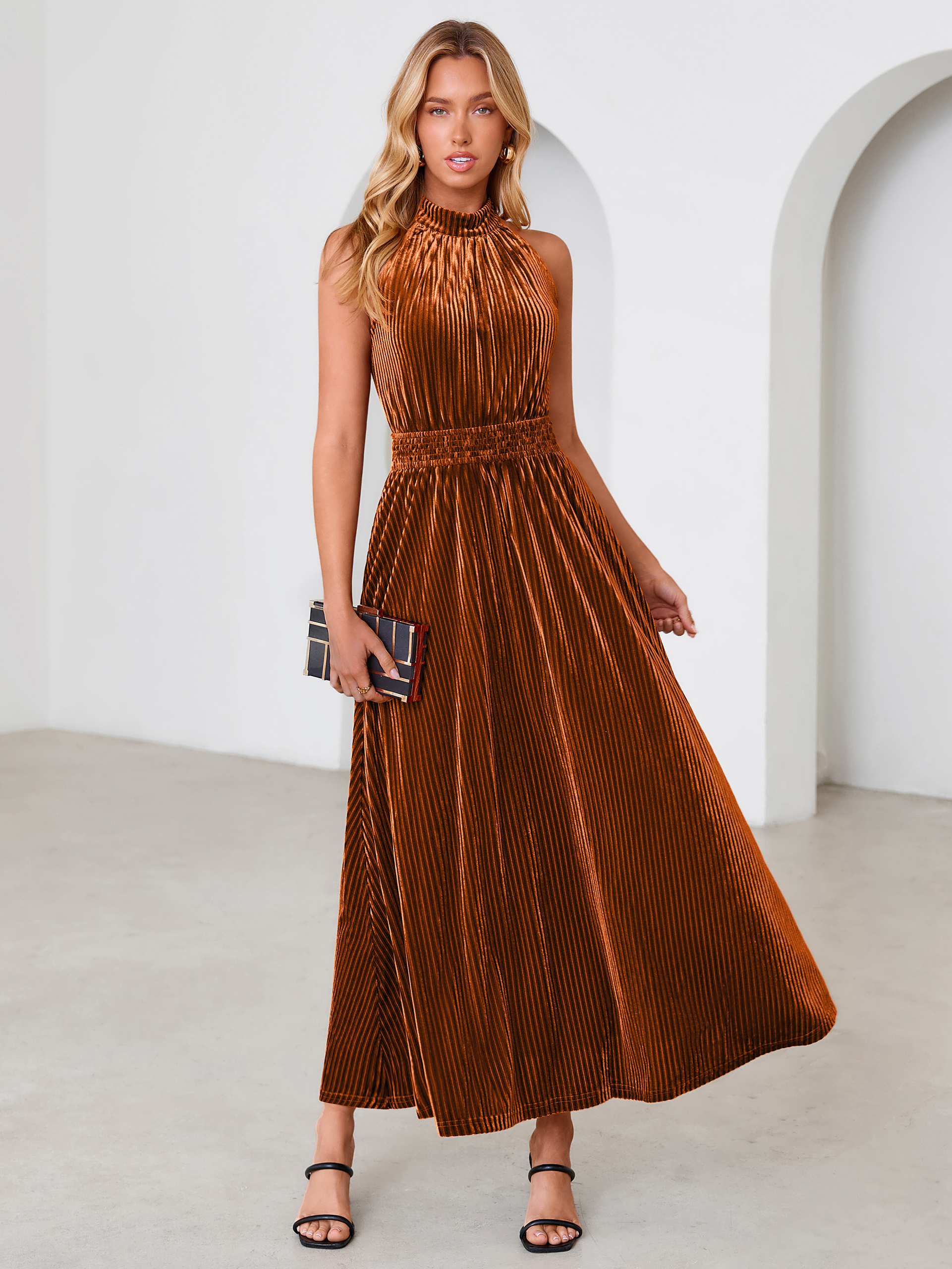 Ribbed Velvet Halter Smocked Maxi Dress