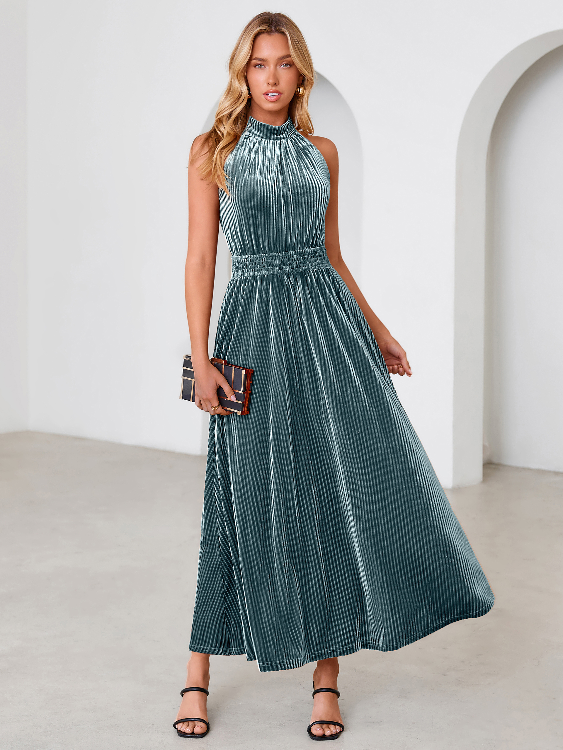 Ribbed Velvet Halter Smocked Maxi Dress