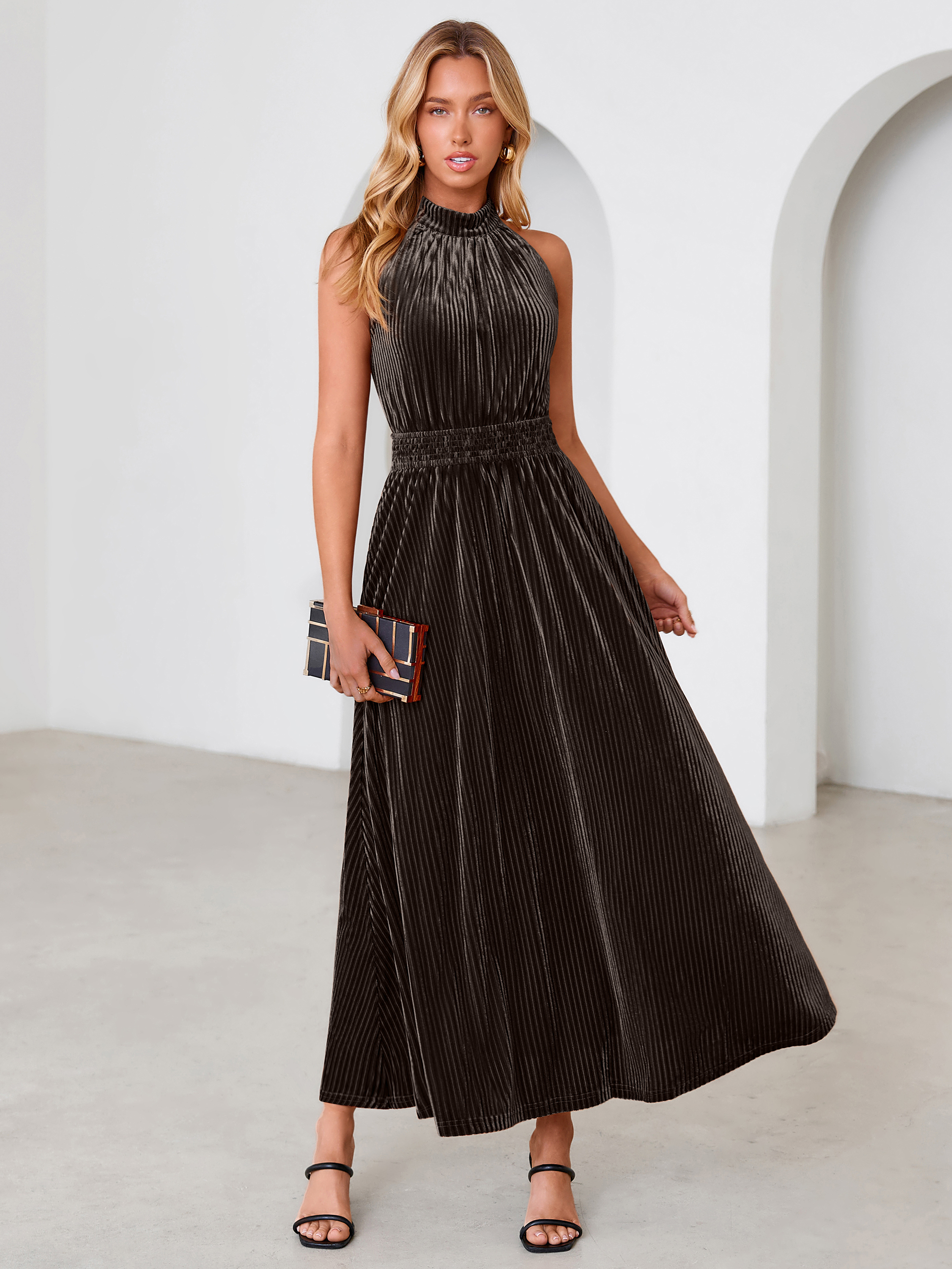 Ribbed Velvet Halter Smocked Maxi Dress
