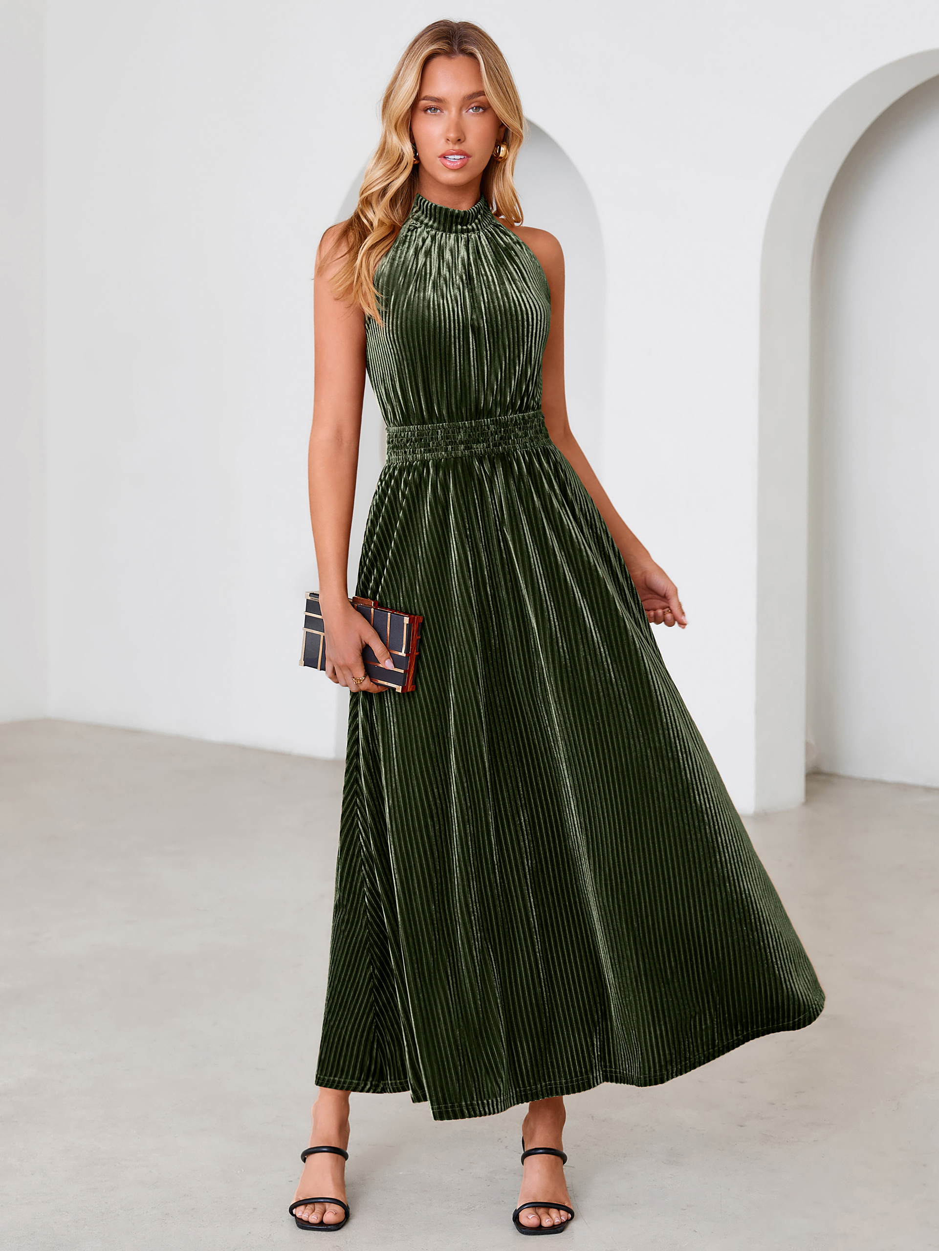 Ribbed Velvet Halter Smocked Maxi Dress