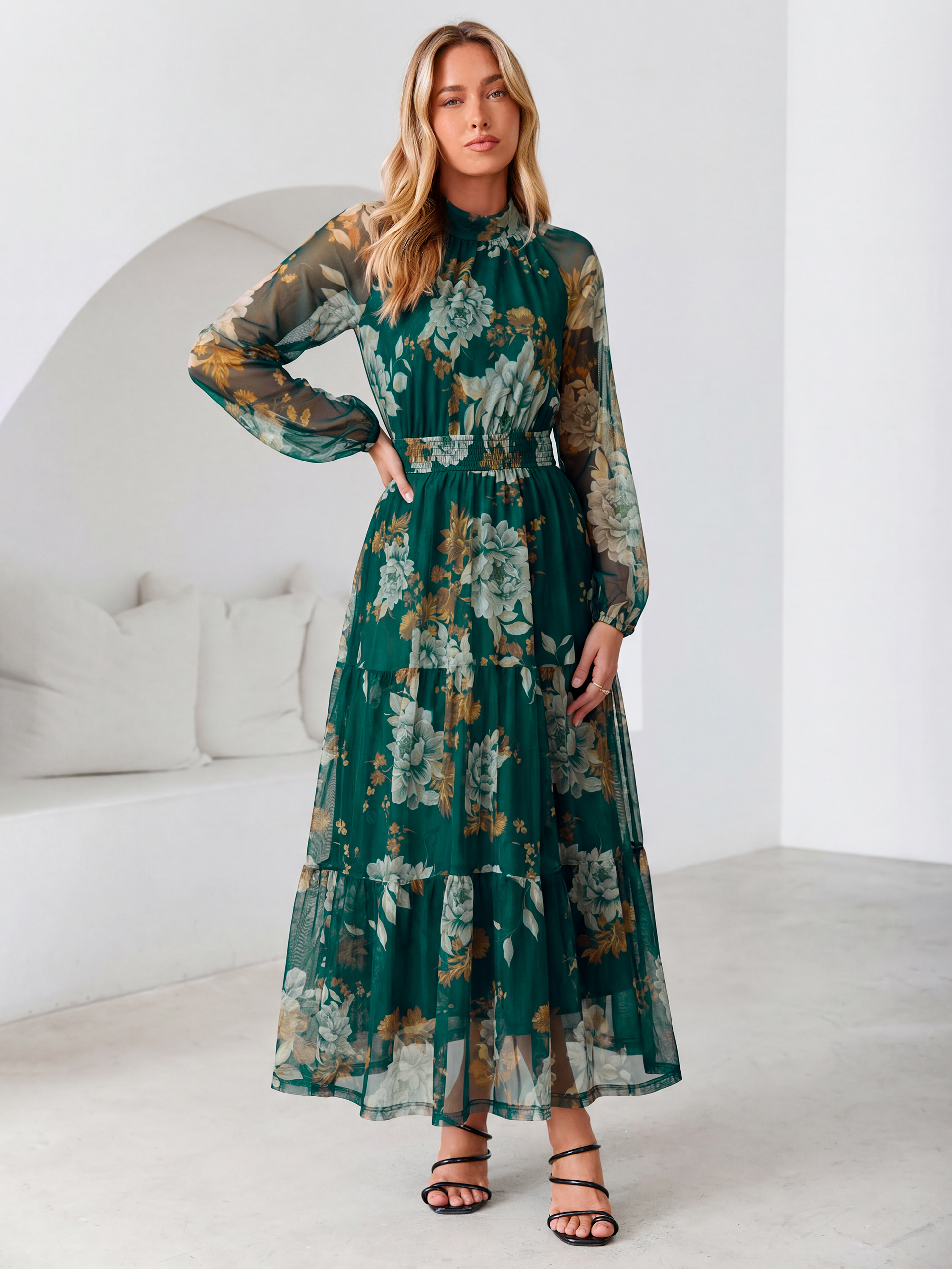 Fall Floral Flowy Tiered Long Sleeve Maxi Dress