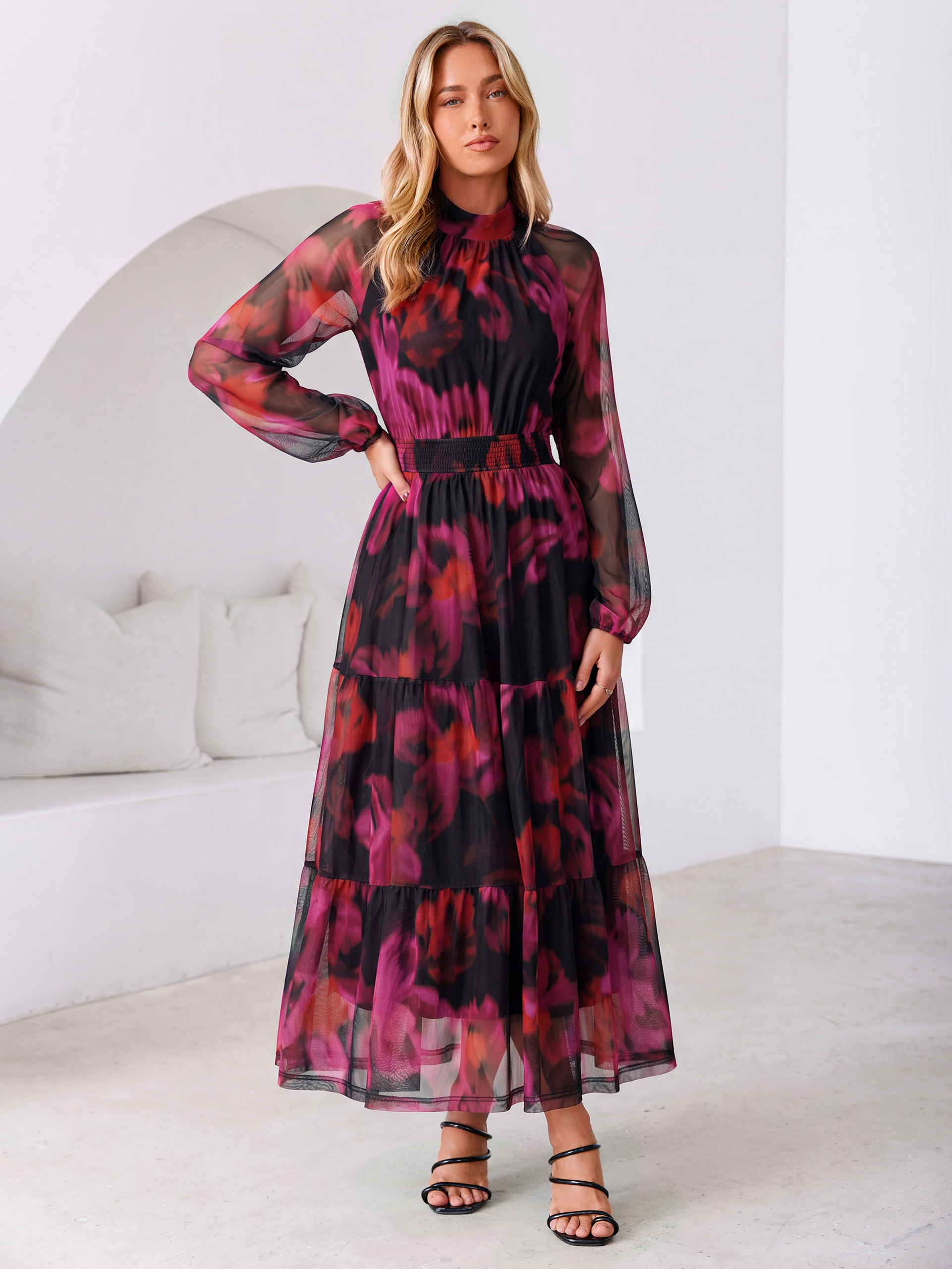 Fall Floral Flowy Tiered Long Sleeve Maxi Dress