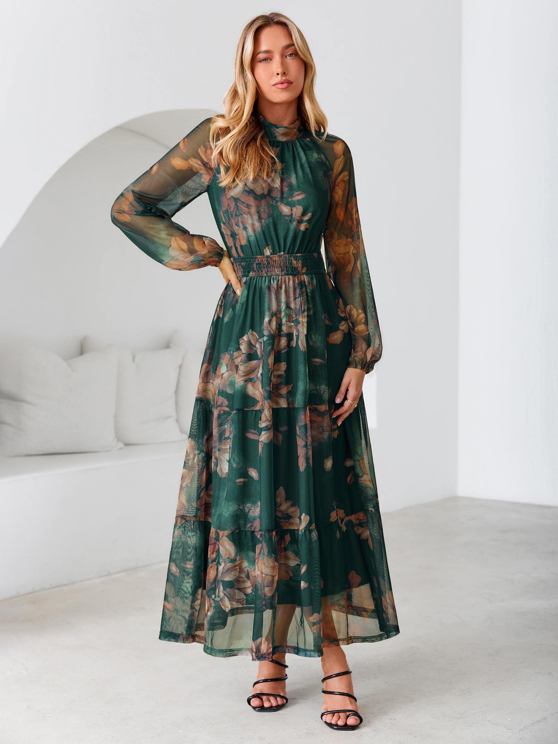 Fall Floral Flowy Tiered Long Sleeve Maxi Dress