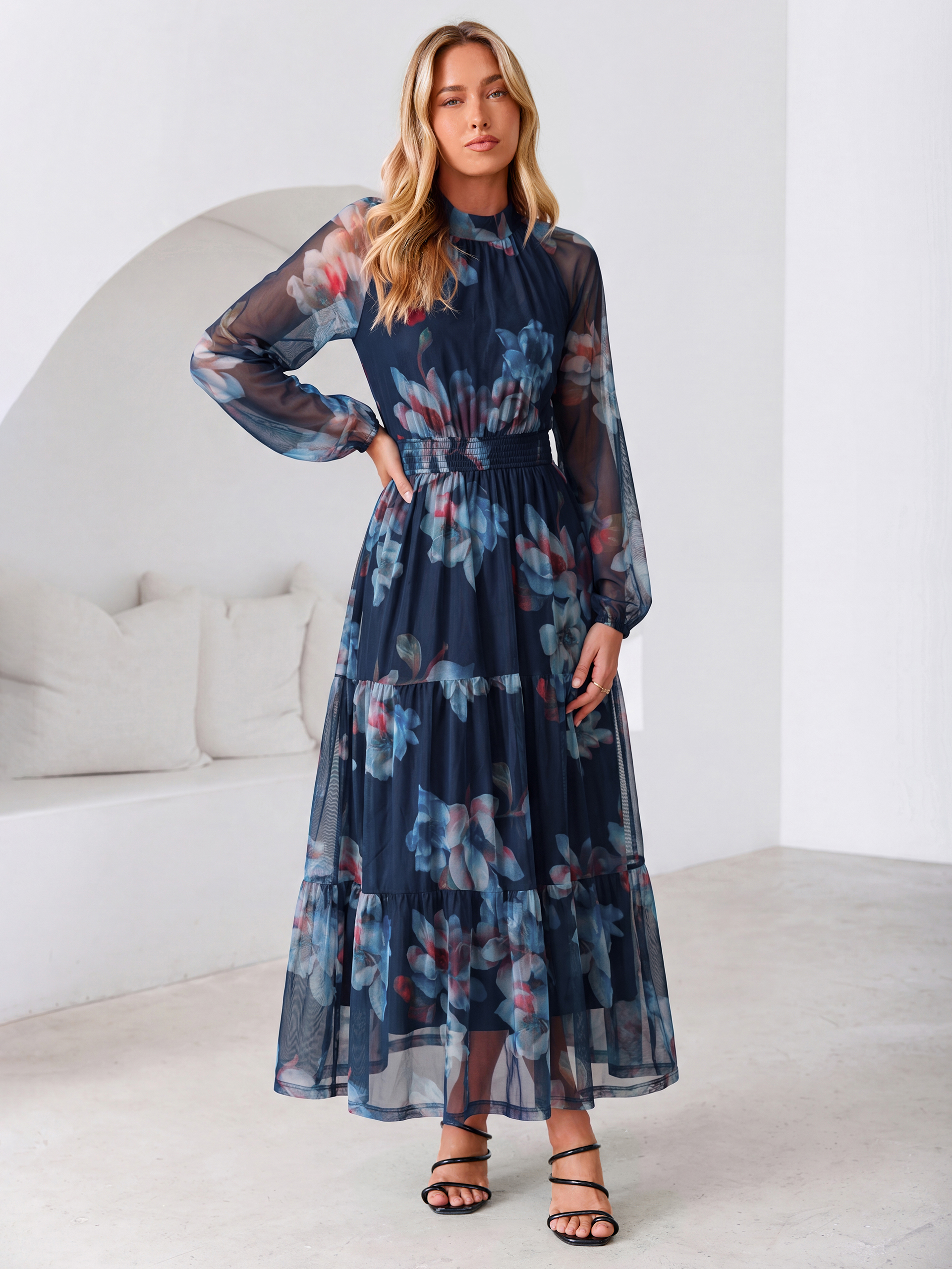 Fall Floral Flowy Tiered Long Sleeve Maxi Dress
