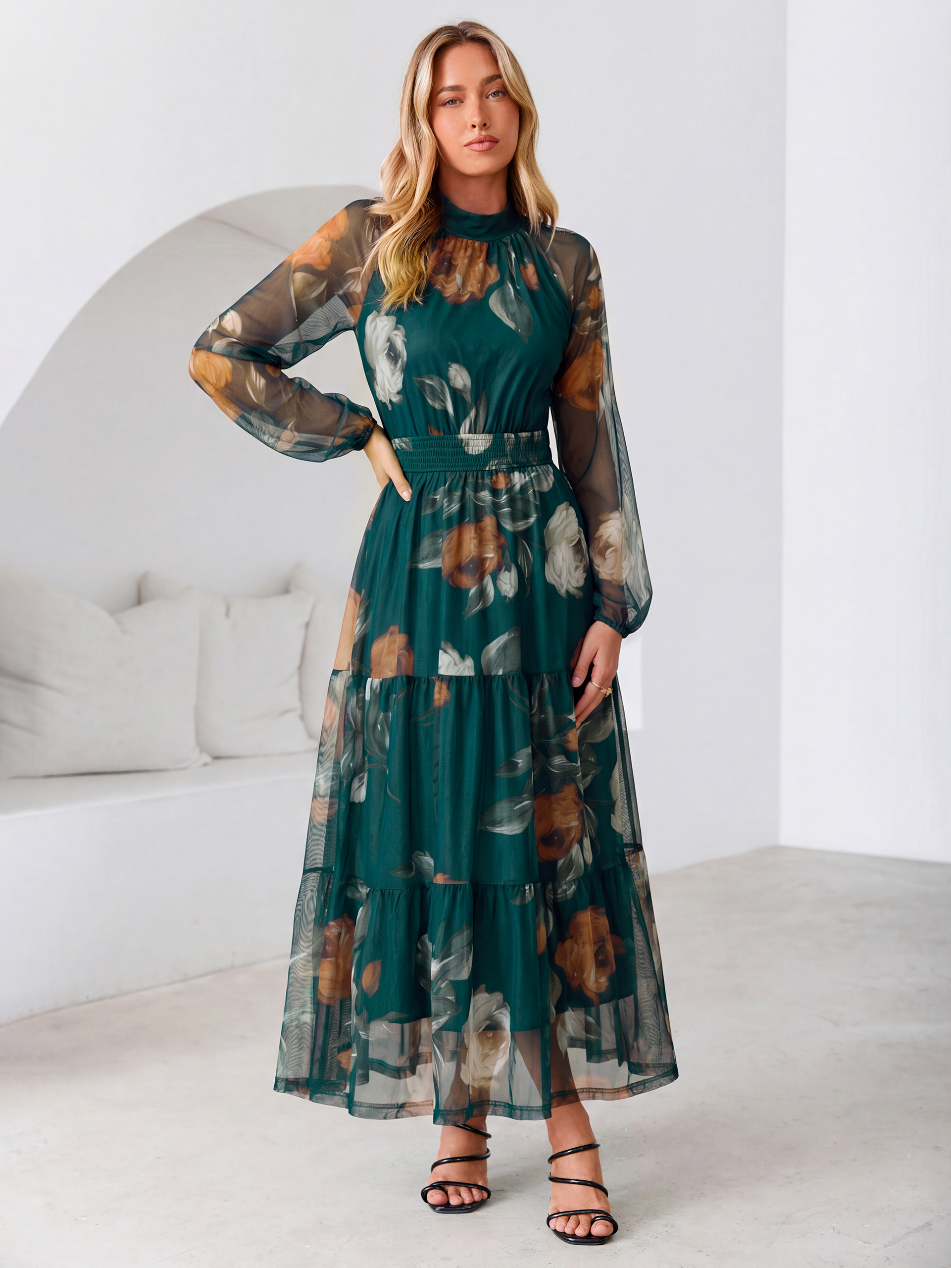 Fall Floral Flowy Tiered Long Sleeve Maxi Dress