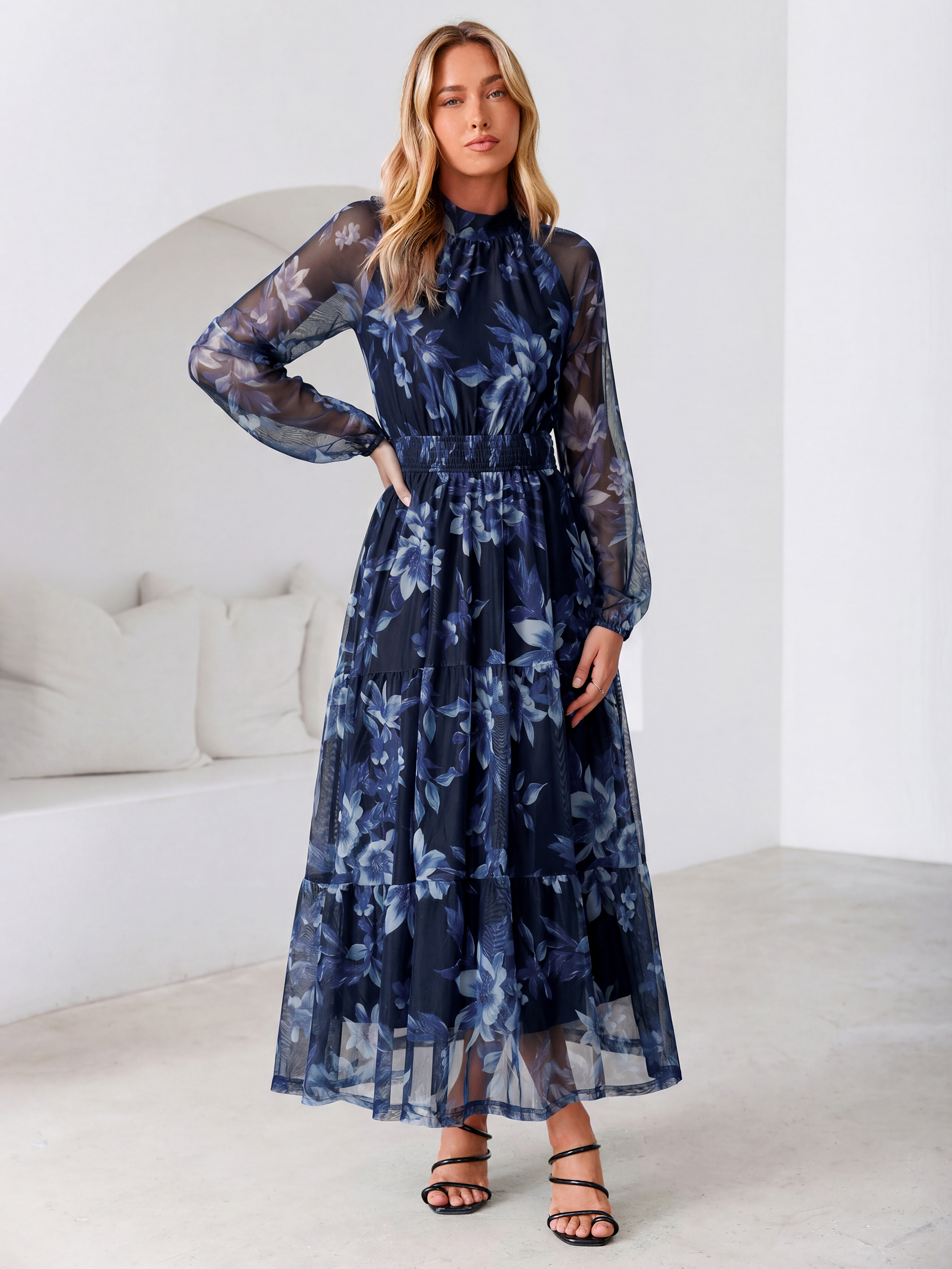 Fall Floral Flowy Tiered Long Sleeve Maxi Dress
