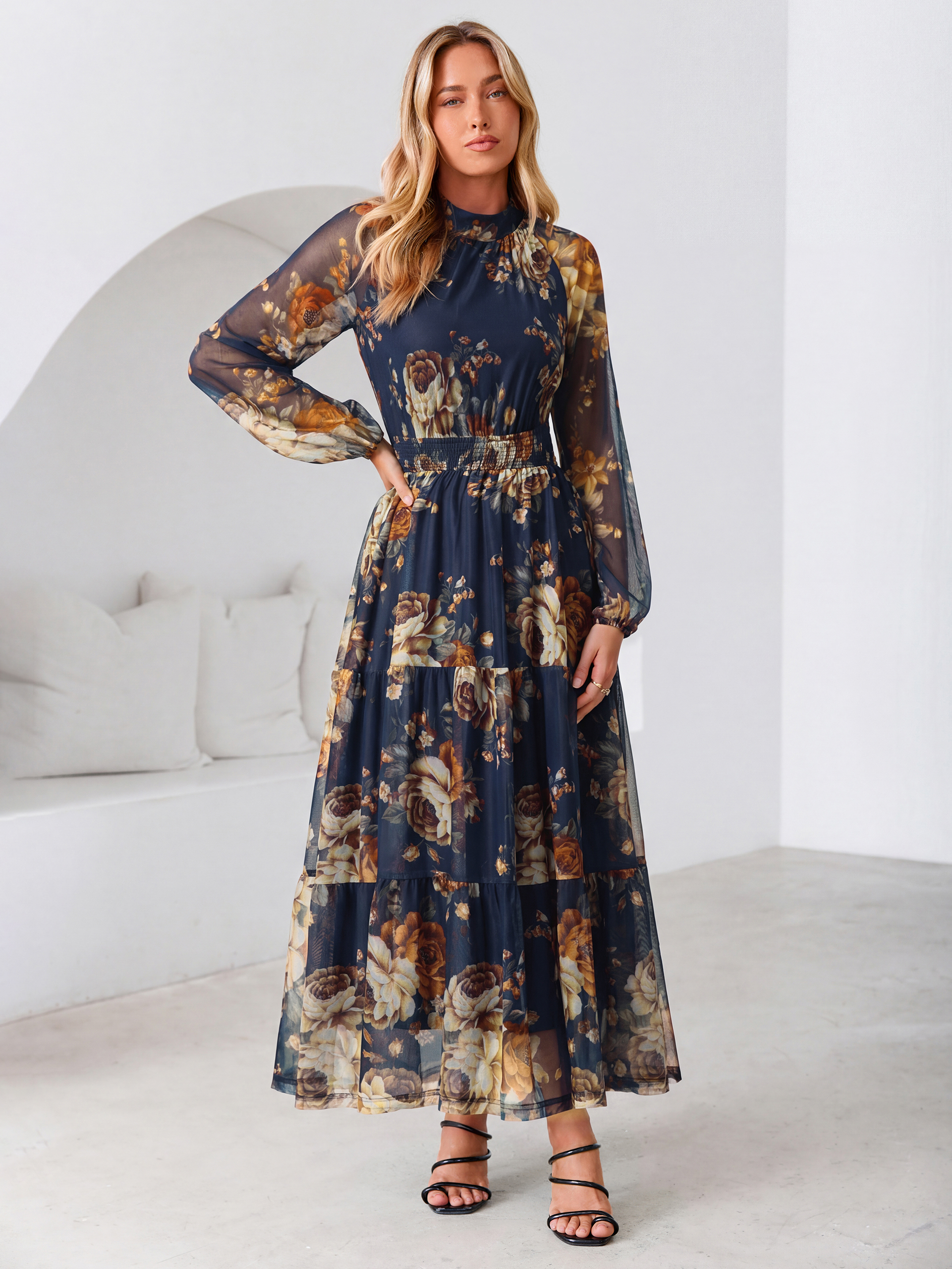 Fall Floral Flowy Tiered Long Sleeve Maxi Dress