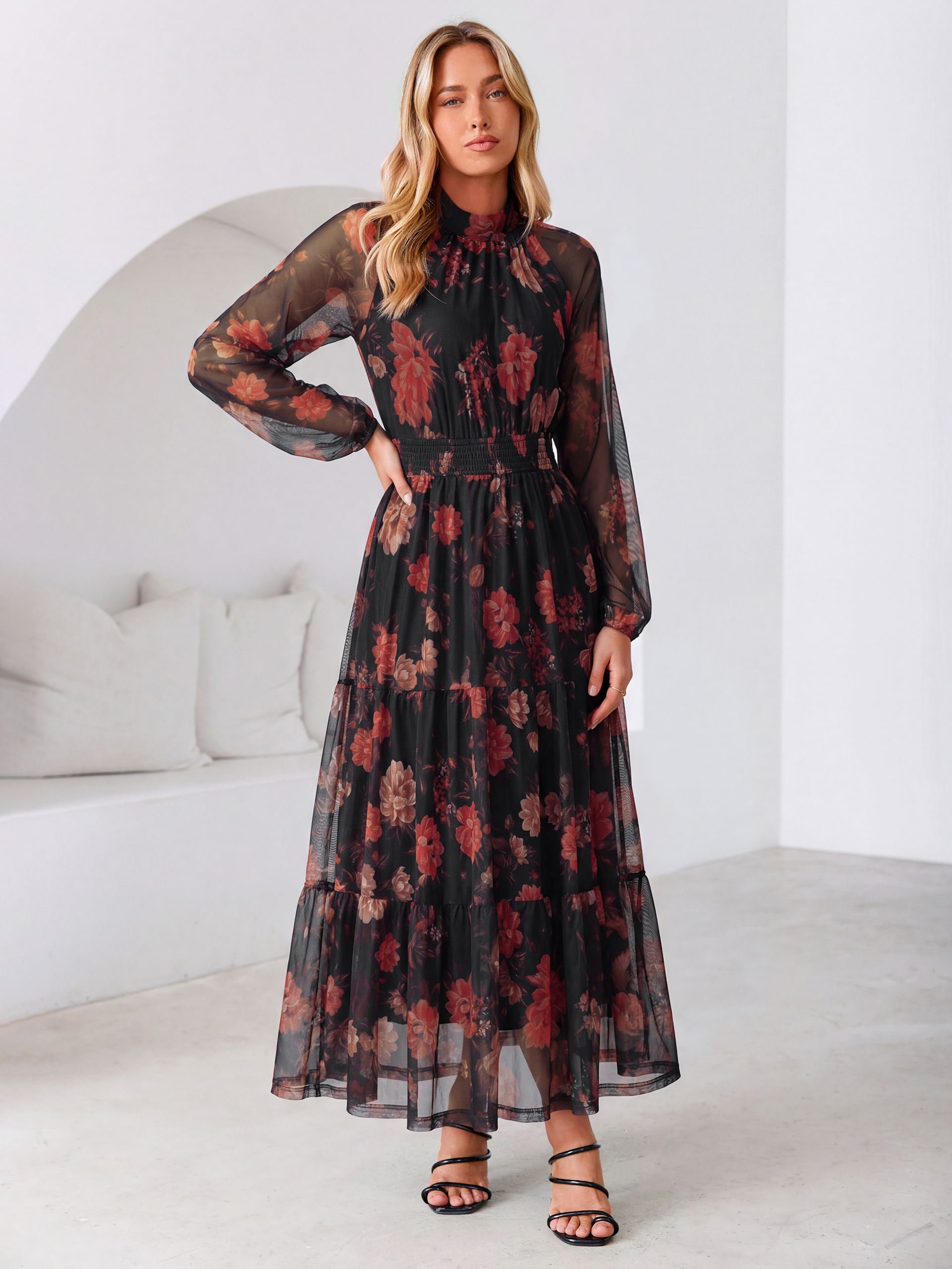 Fall Floral Flowy Tiered Long Sleeve Maxi Dress