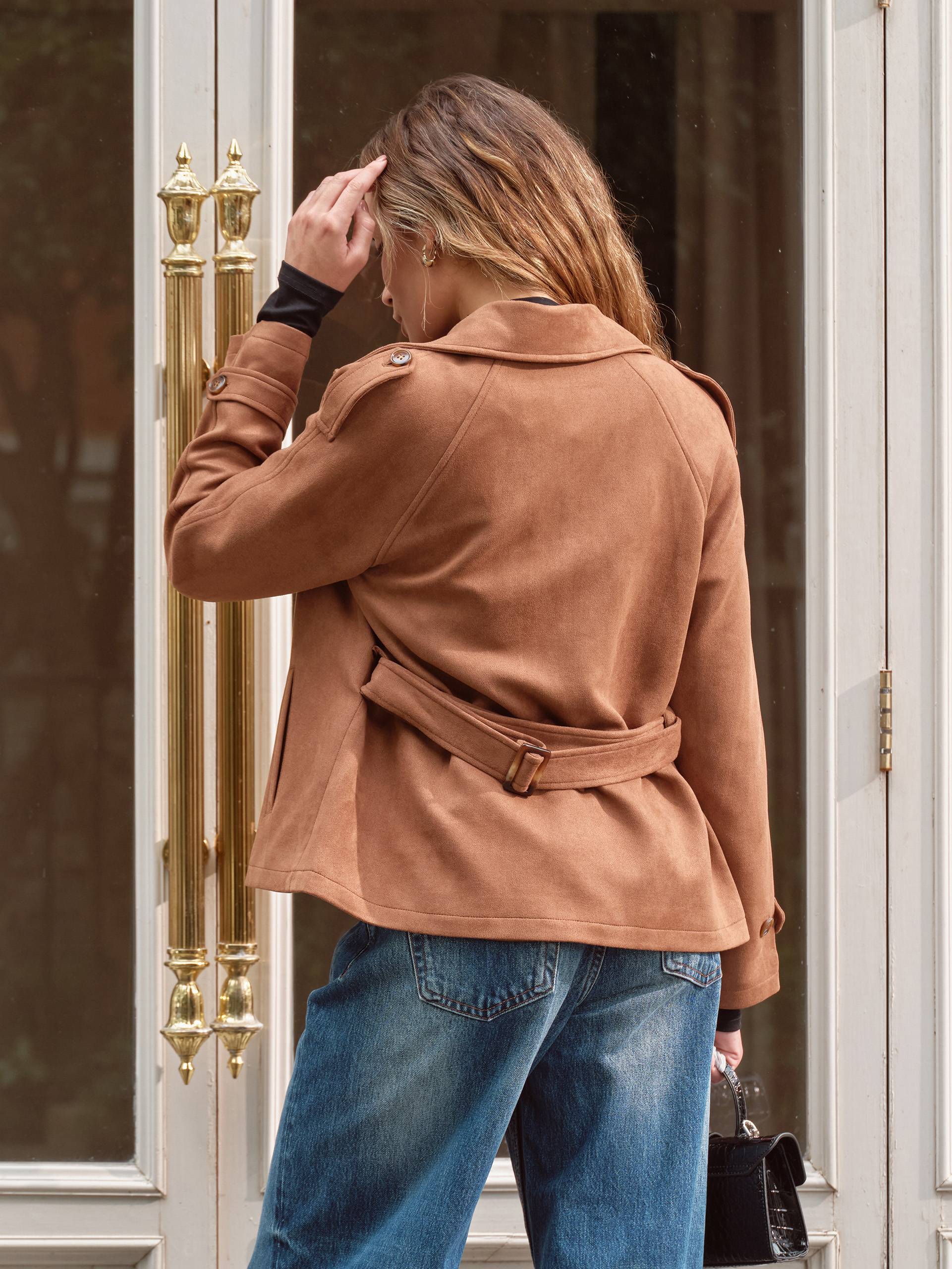 Classic Lapel Belted Faux Suede Trench Jacket