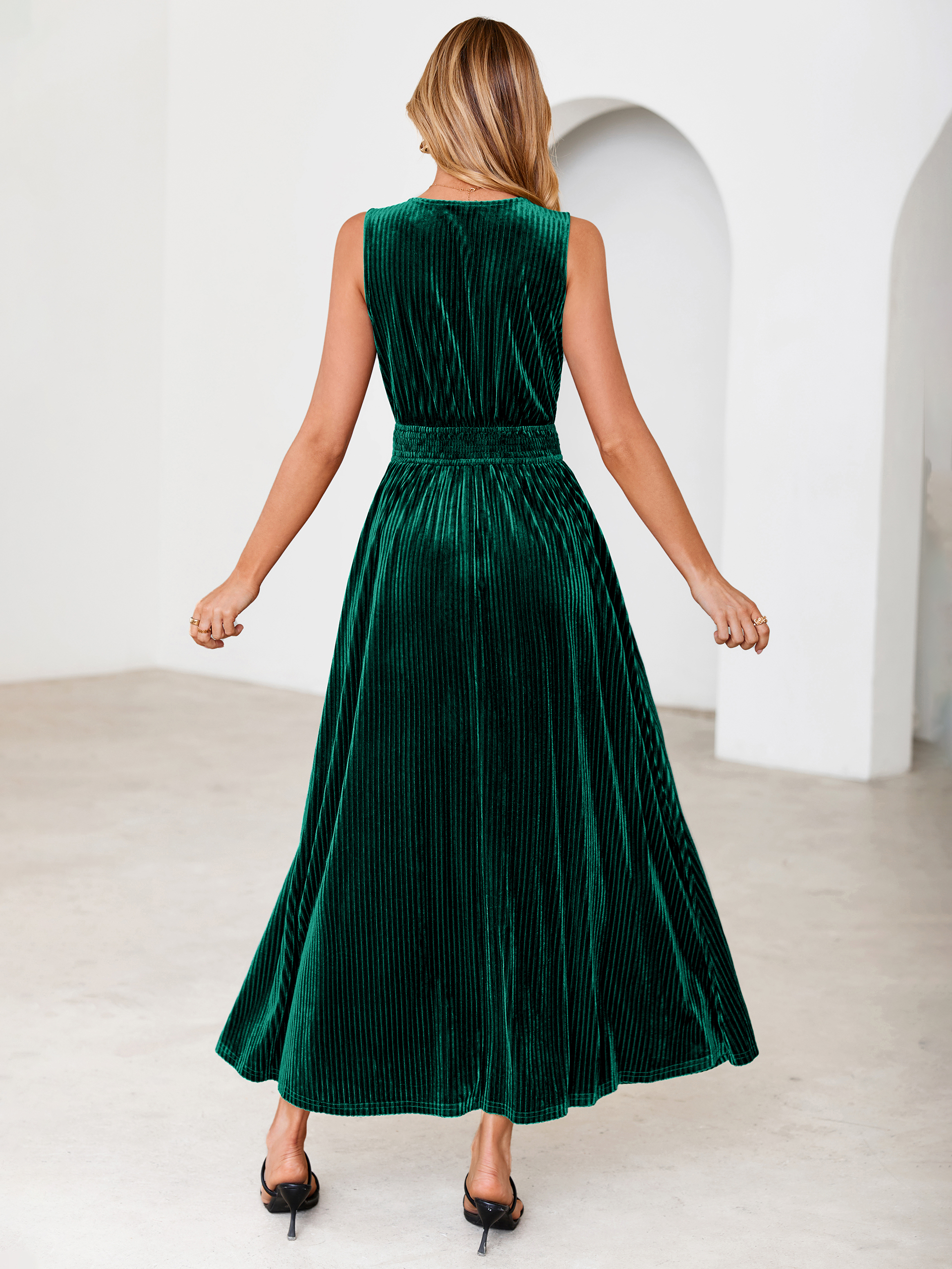 Sleeveless Deep V Neck Ribbed Velvet Maxi Dress