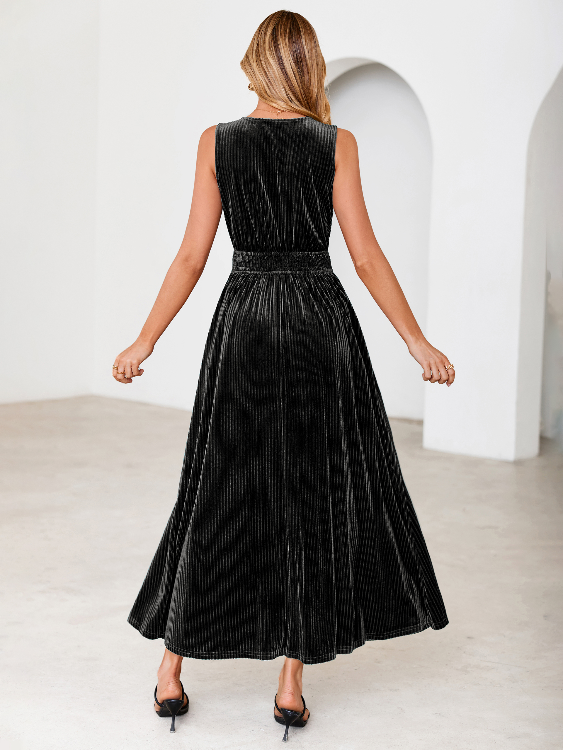 Sleeveless Deep V Neck Ribbed Velvet Maxi Dress