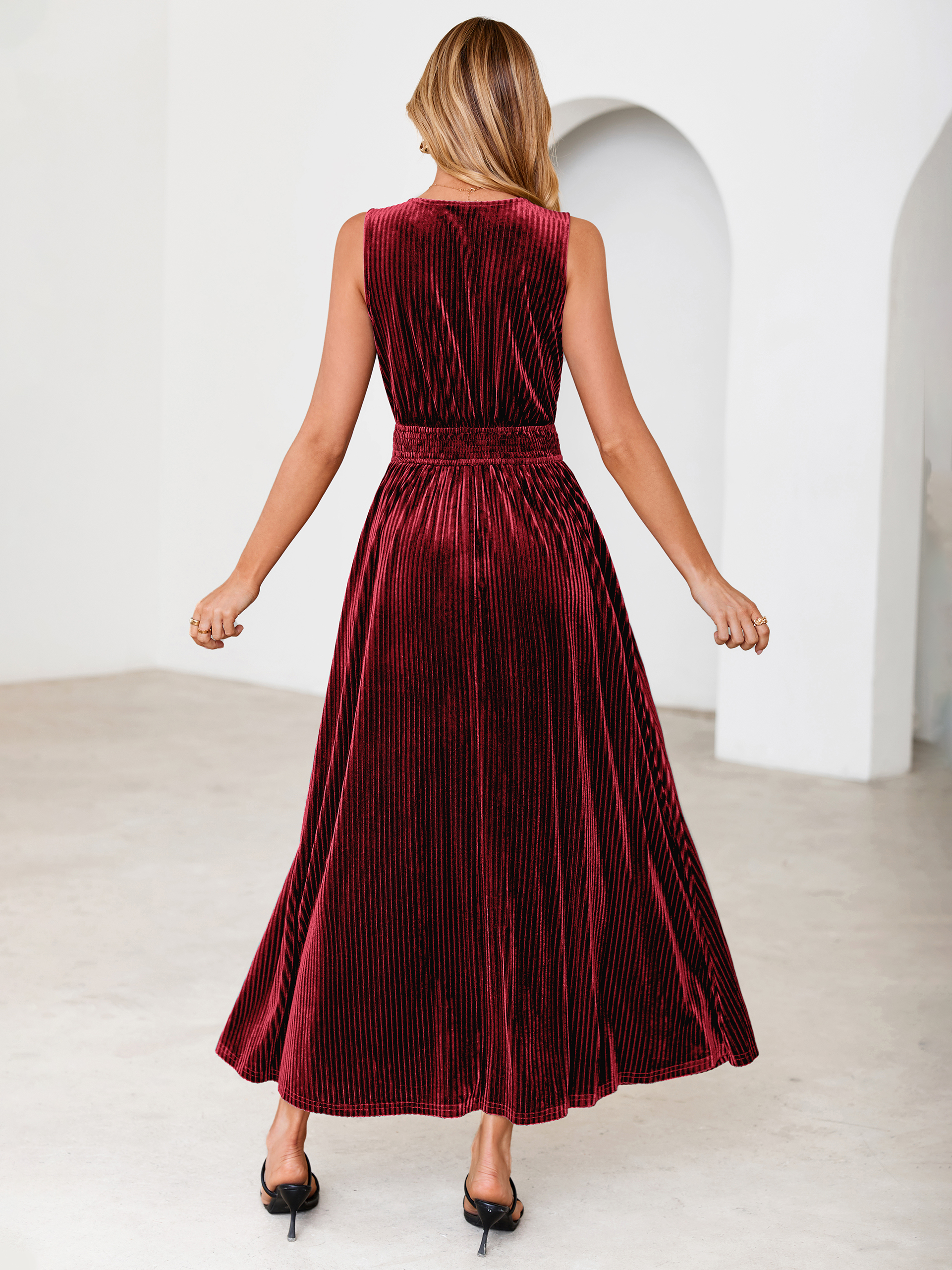 Sleeveless Deep V Neck Ribbed Velvet Maxi Dress
