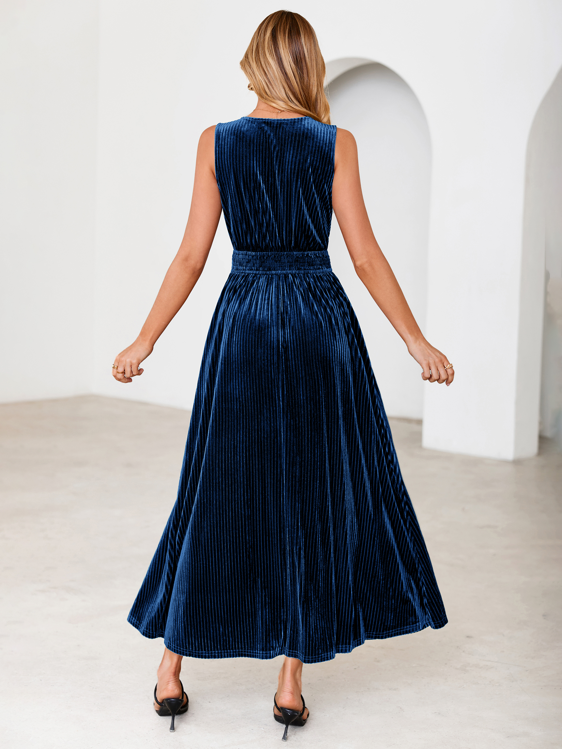 Sleeveless Deep V Neck Ribbed Velvet Maxi Dress
