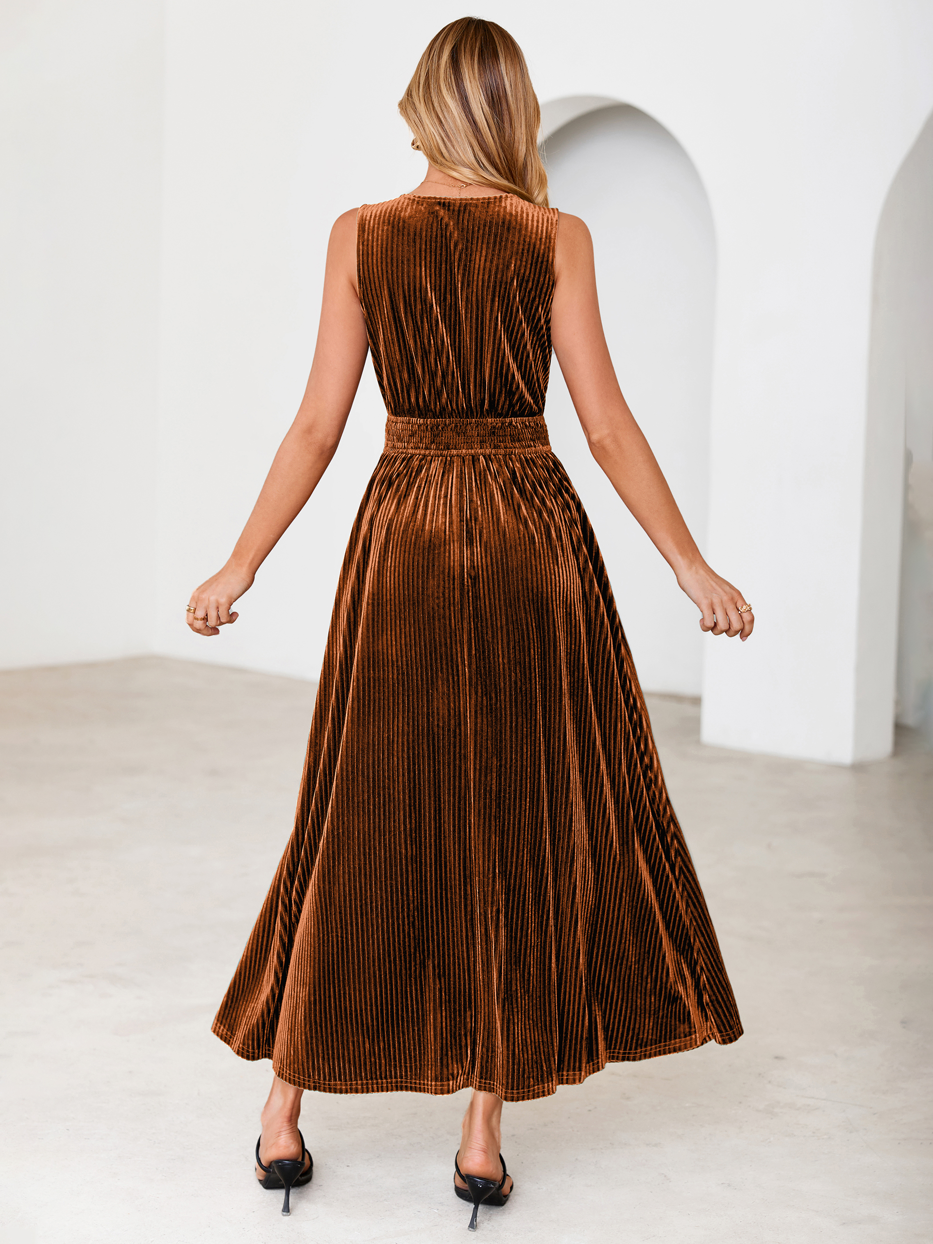 Sleeveless Deep V Neck Ribbed Velvet Maxi Dress