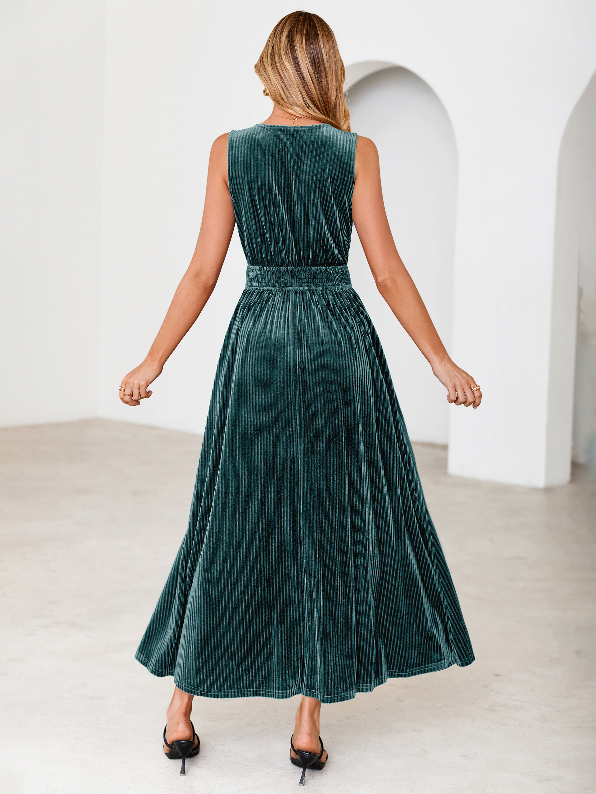 Sleeveless Deep V Neck Ribbed Velvet Maxi Dress