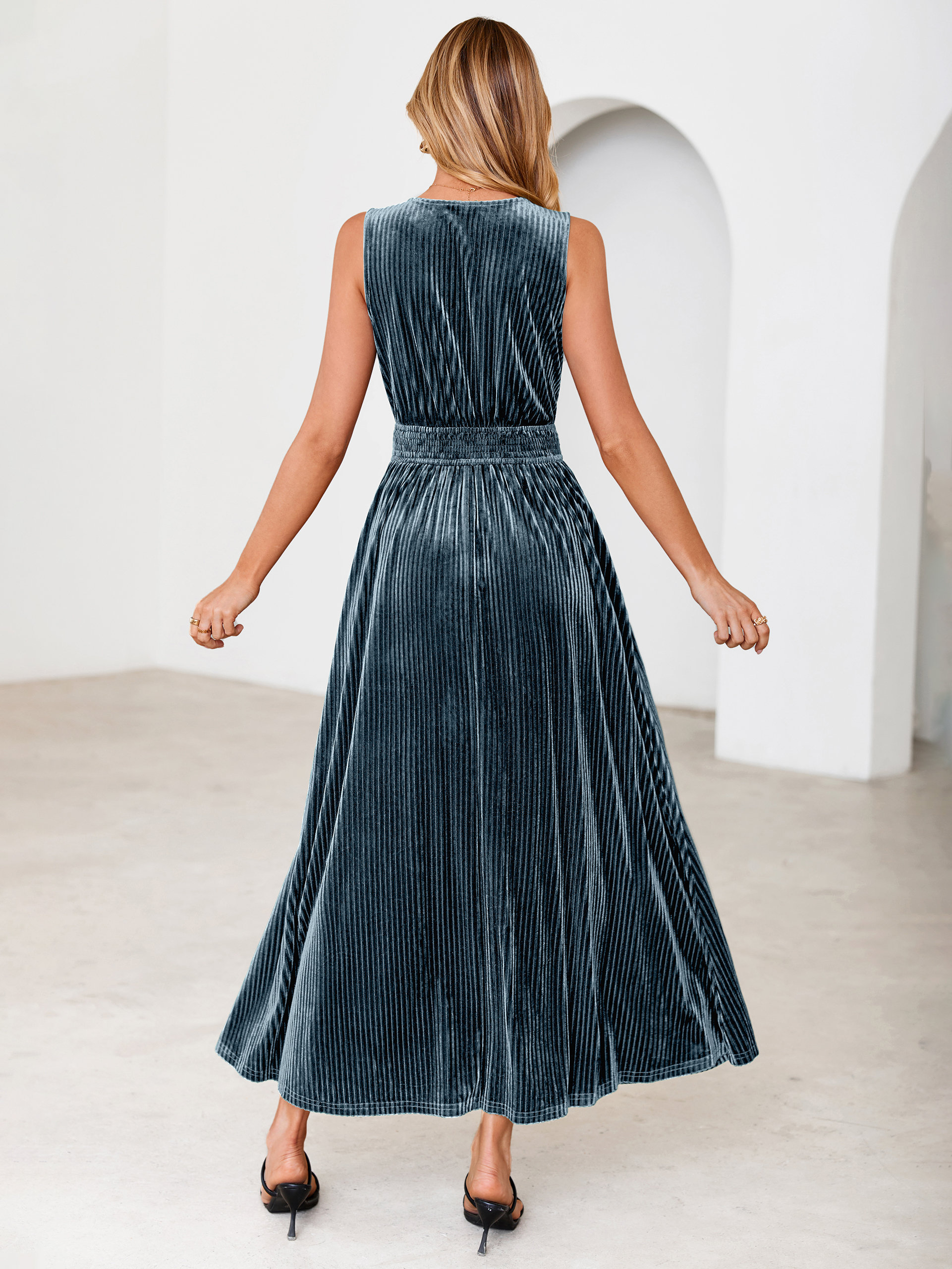 Sleeveless Deep V Neck Ribbed Velvet Maxi Dress