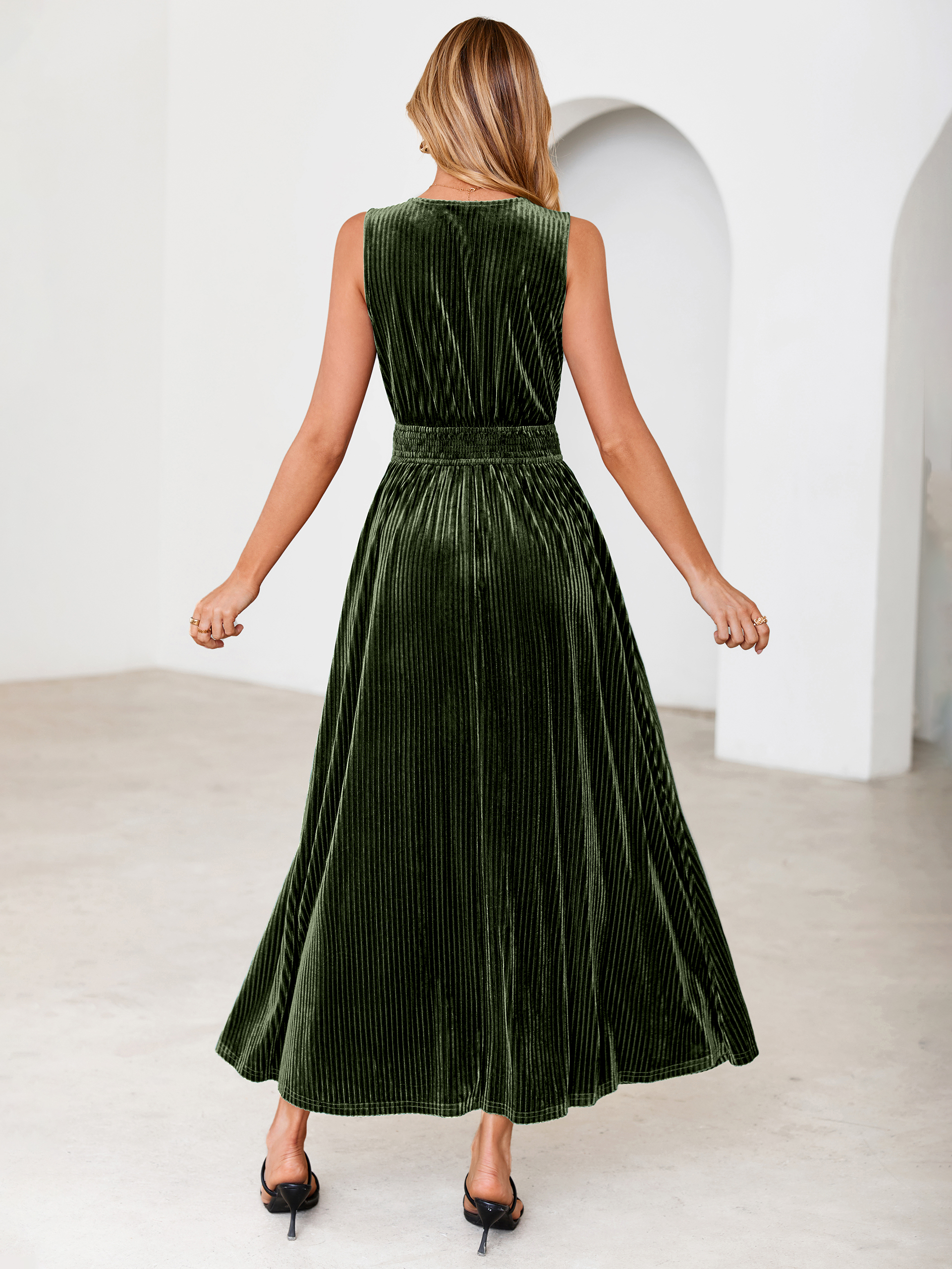 Sleeveless Deep V Neck Ribbed Velvet Maxi Dress