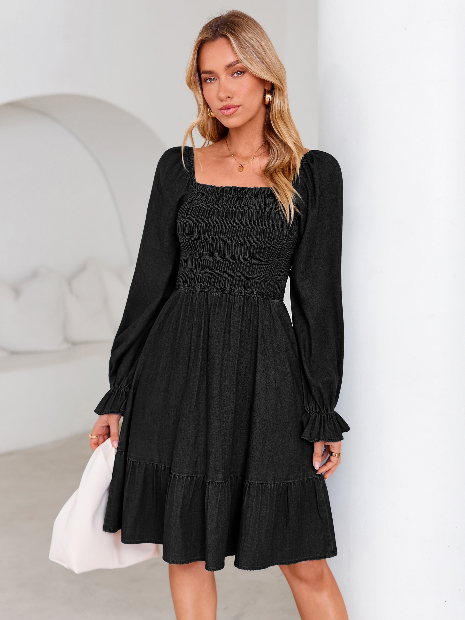 Long Sleeve Smocked Lyocell A-Line Denim Mini Dress