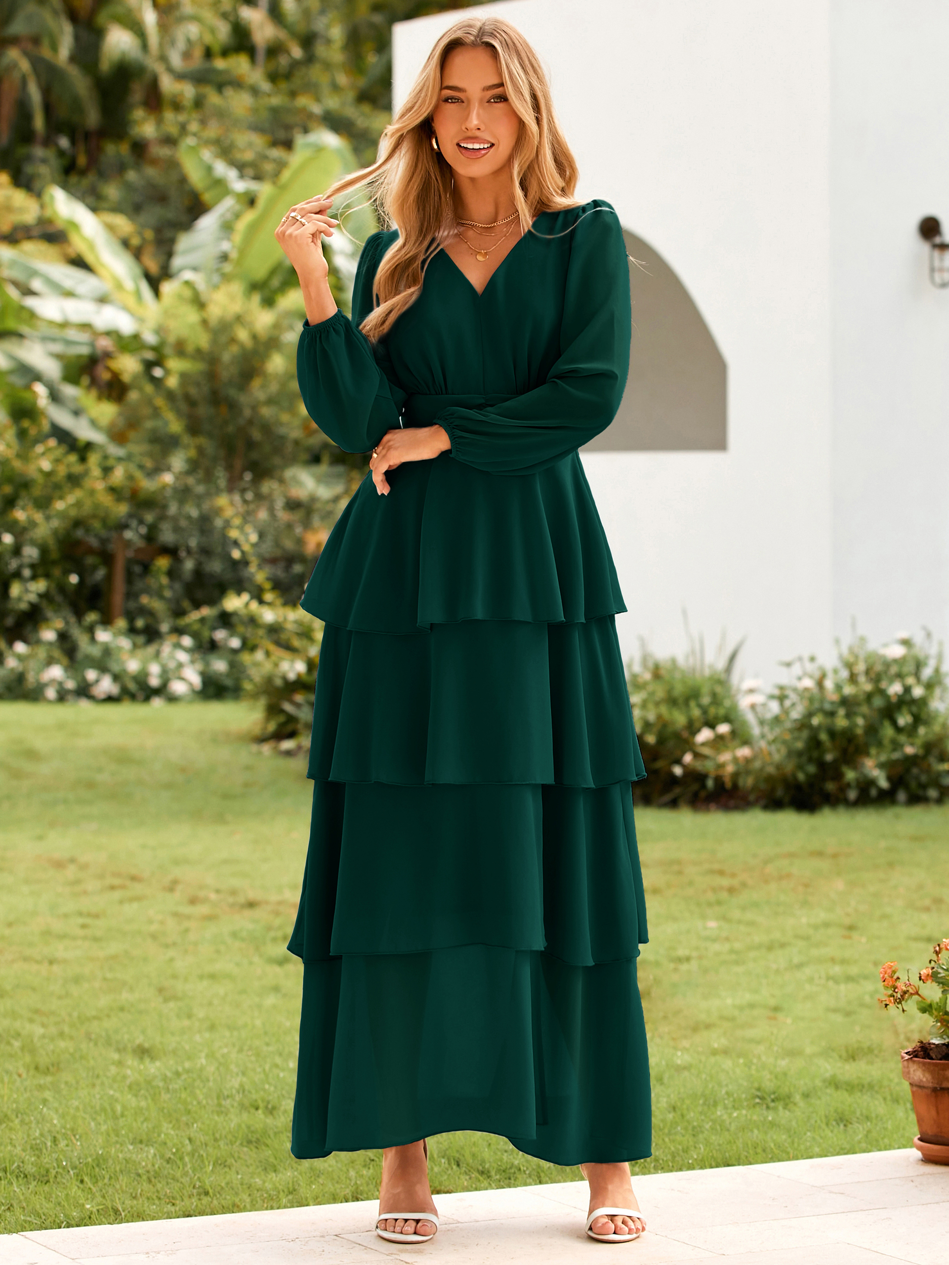 Chiffon Tiered Ruffle Wedding Guest Maxi Dress
