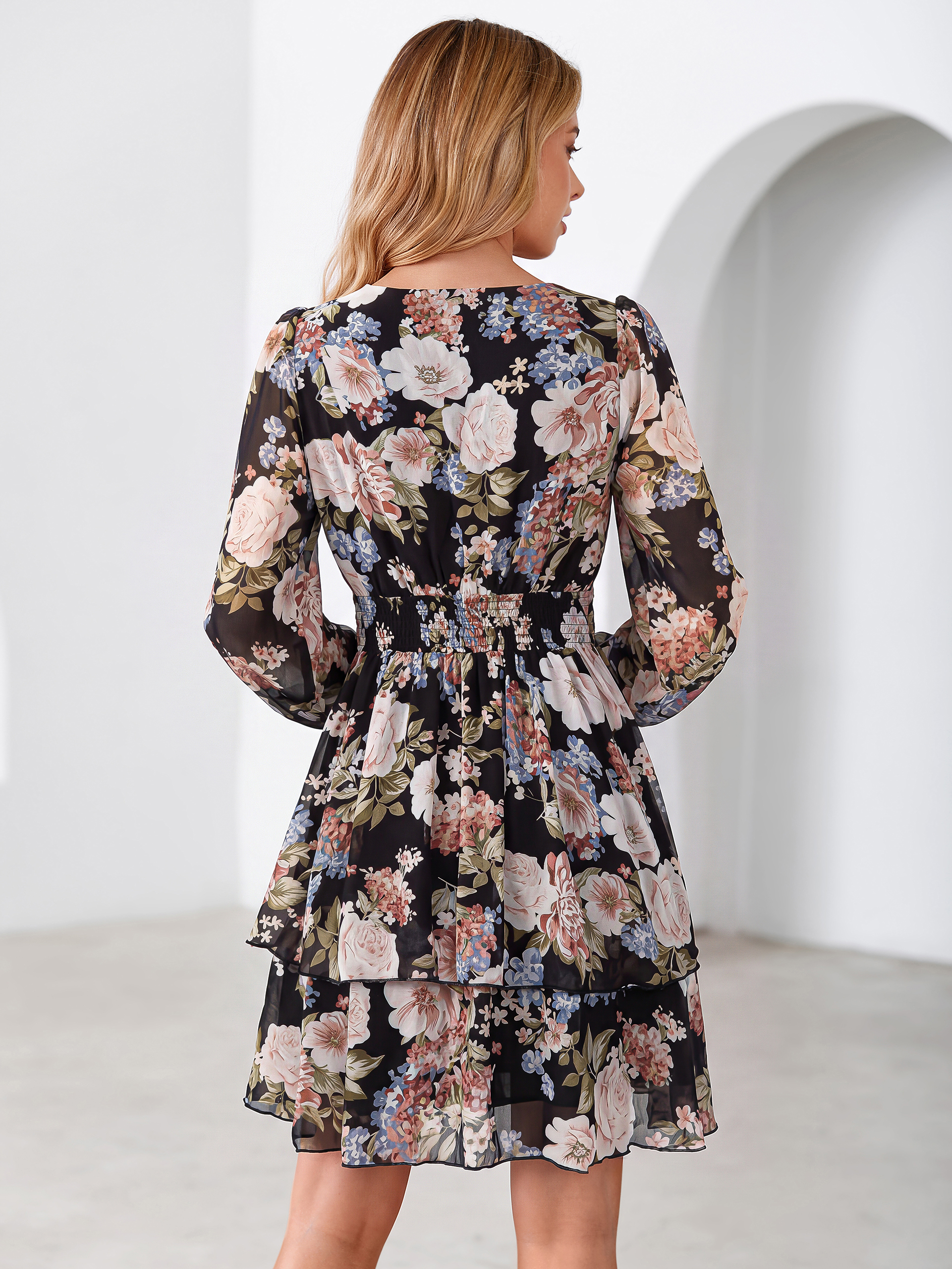 Long Sleeve Floral Chiffon A-Line Mini Dress