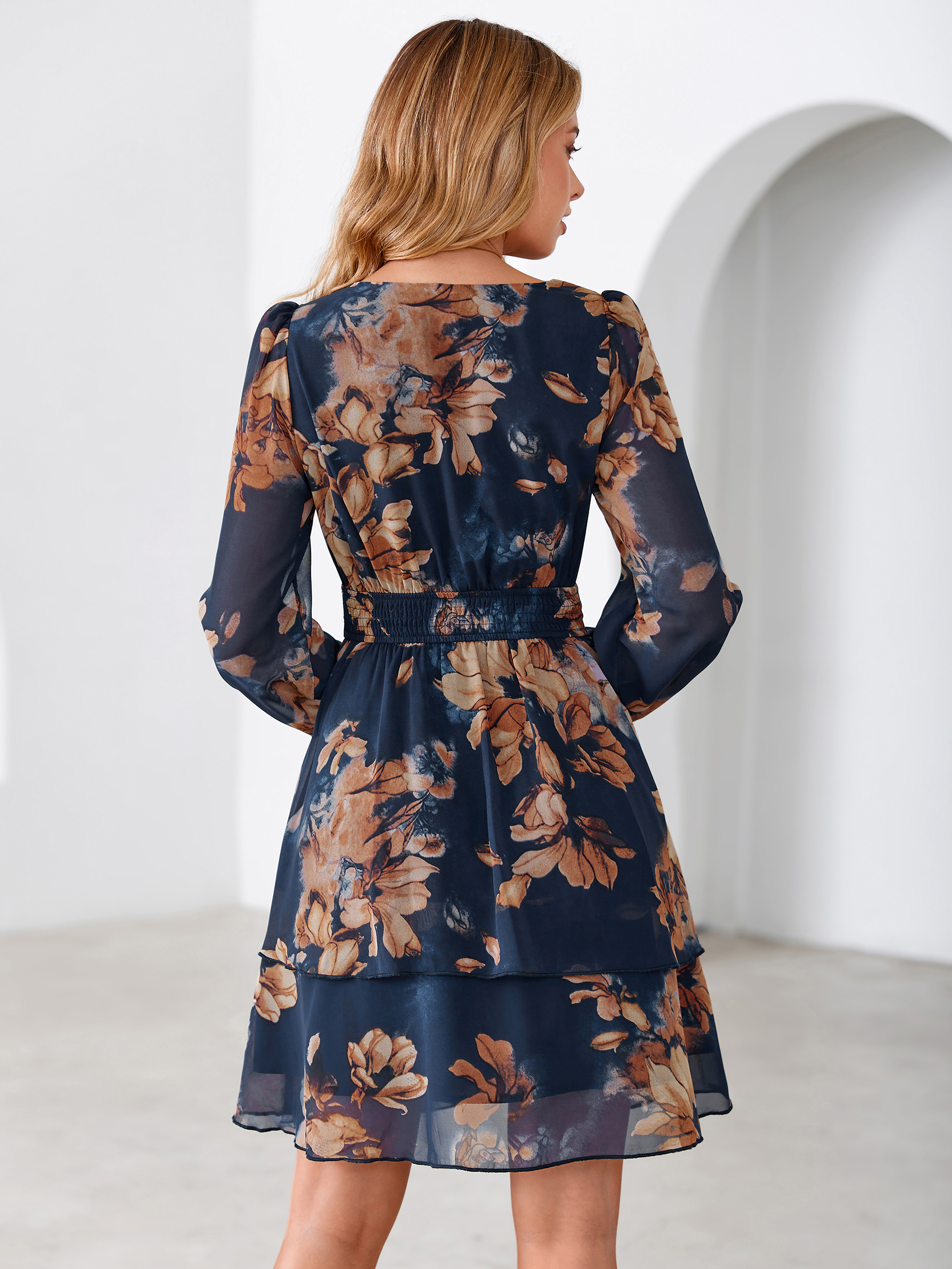 Long Sleeve Floral Chiffon A-Line Mini Dress