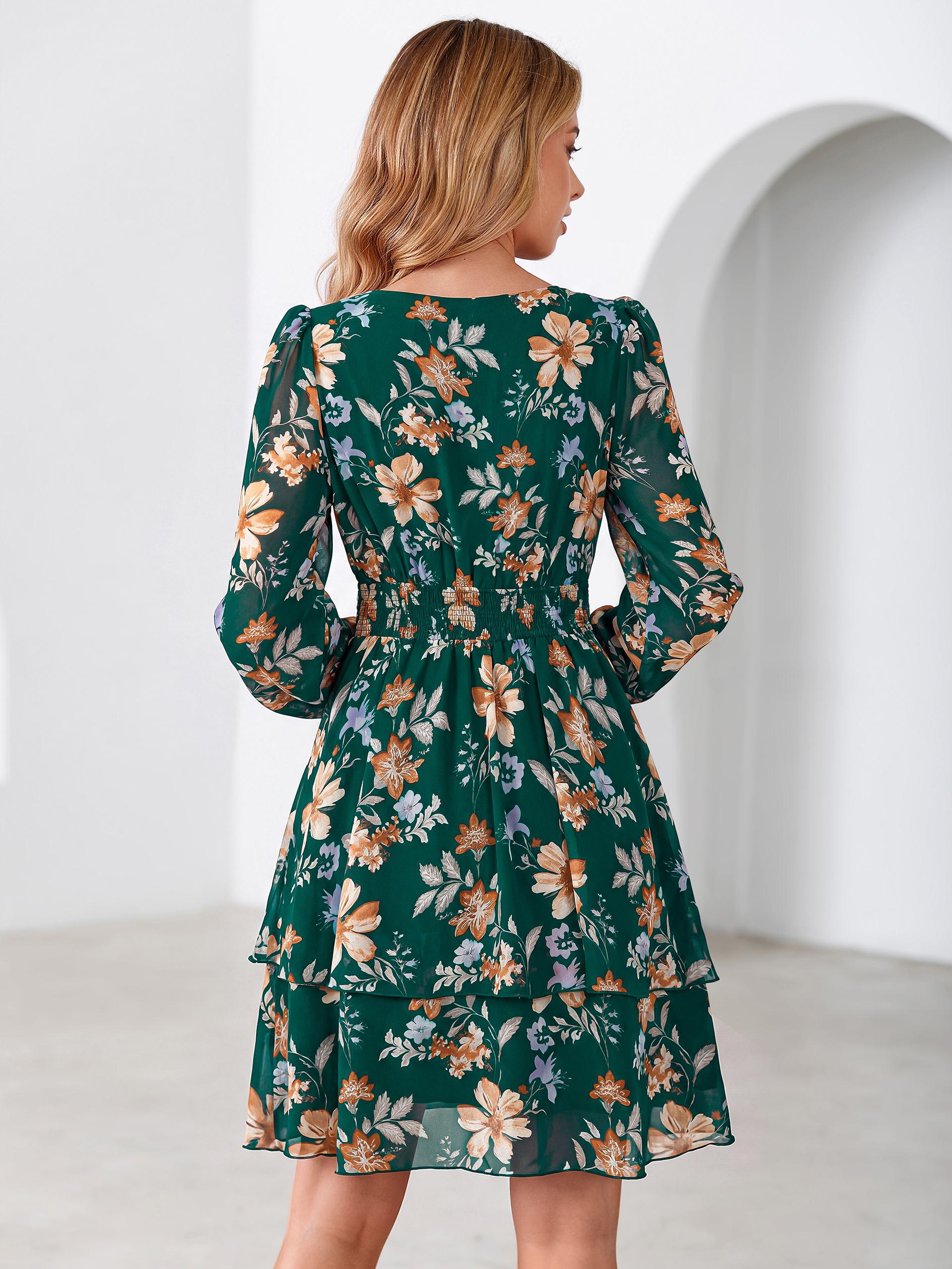 Long Sleeve Floral Chiffon A-Line Mini Dress