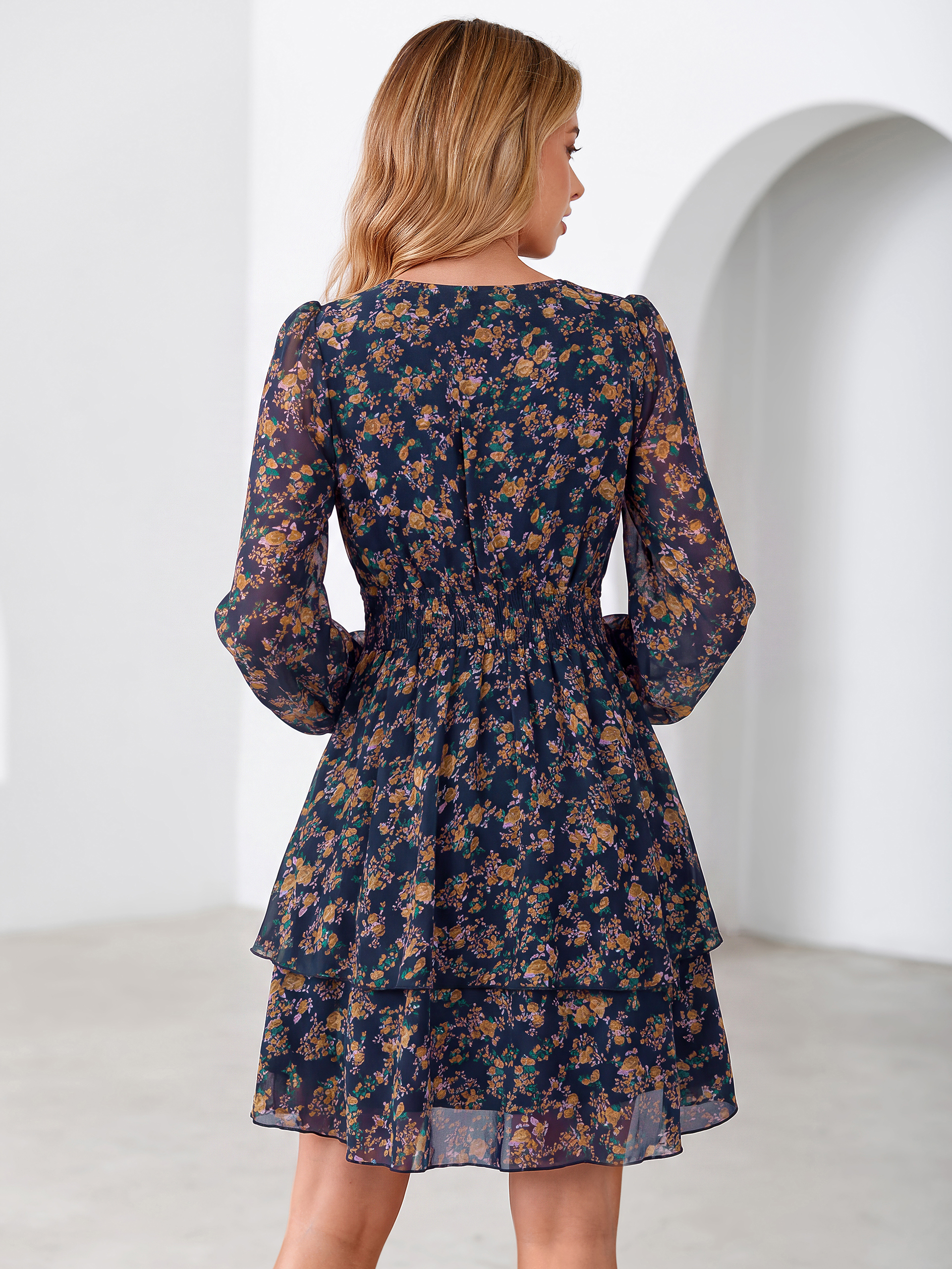 Long Sleeve Floral Chiffon A-Line Mini Dress