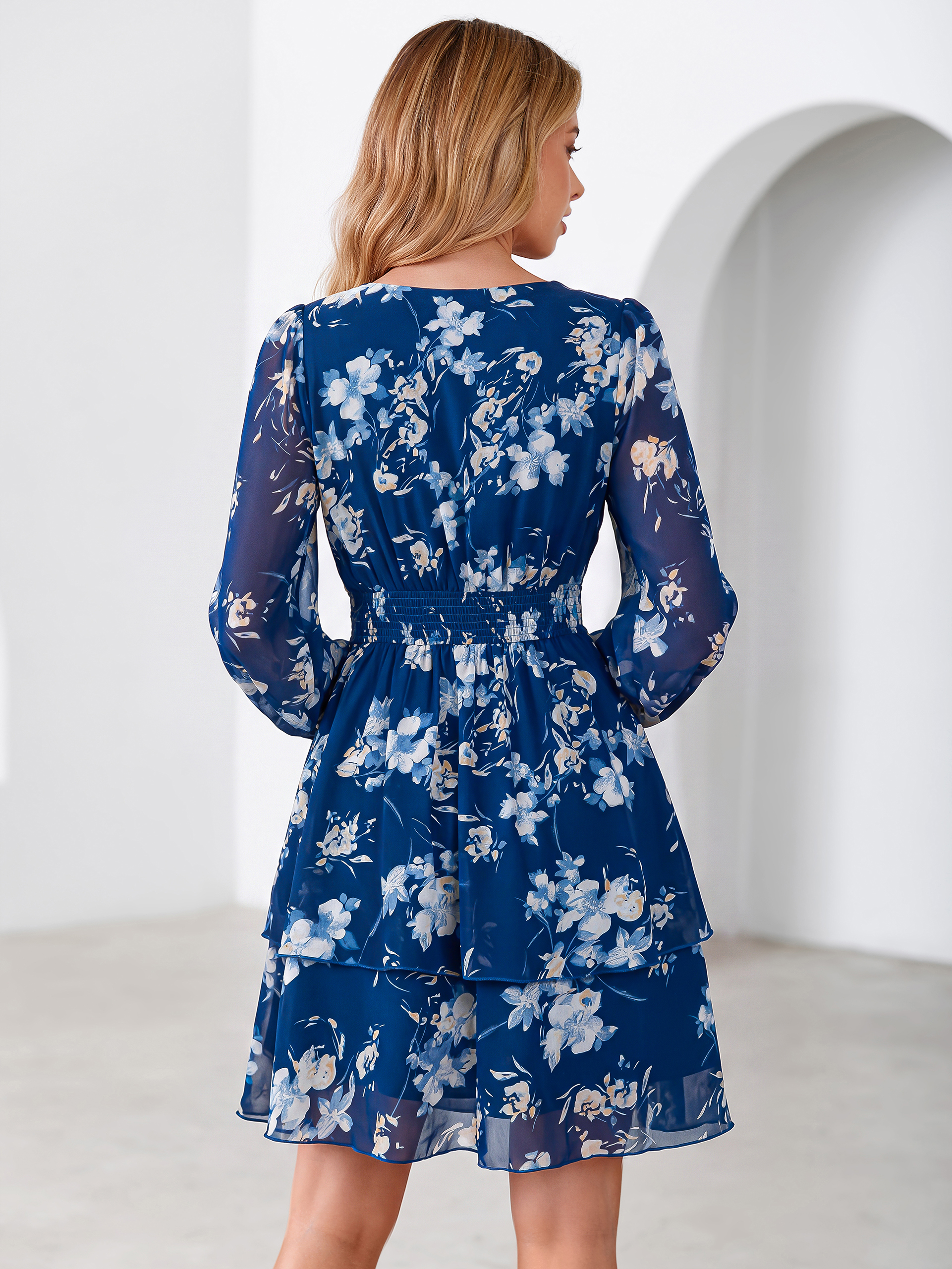 Long Sleeve Floral Chiffon A-Line Mini Dress